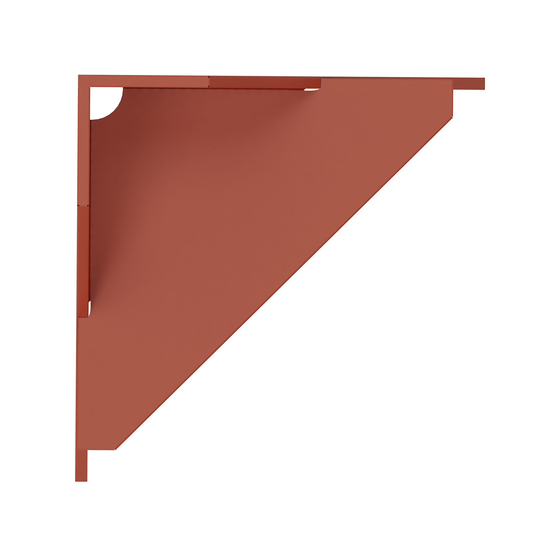 Ein minimalistisches, dreieckiges Eckregal aus mattem terrakottafarbenem Metall. Dieses elegante, moderne Wandregal zeichnet sich durch klare Linien und ein funktionales Design aus und eignet sich perfekt für die platzsparende Aufbewahrung in moderne