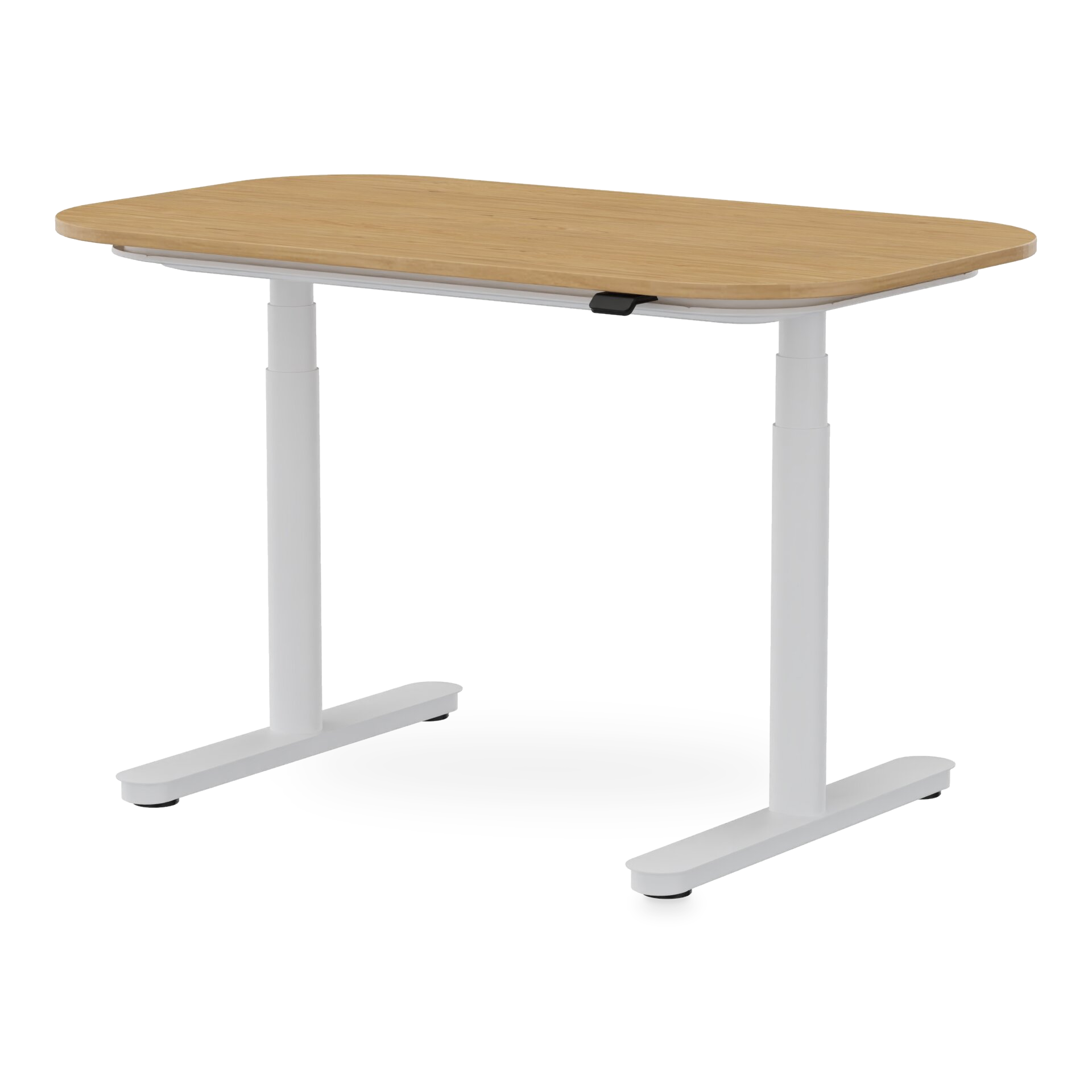 Ein moderner, höhenverstellbarer Stehschreibtisch mit einer rechteckigen Tischplatte mit heller Holzmaserung und abgerundeten Ecken, getragen von einem minimalistischen weißen Metallrahmen mit zwei stabilen Säulen und flachen Standfüßen, isoliert vor