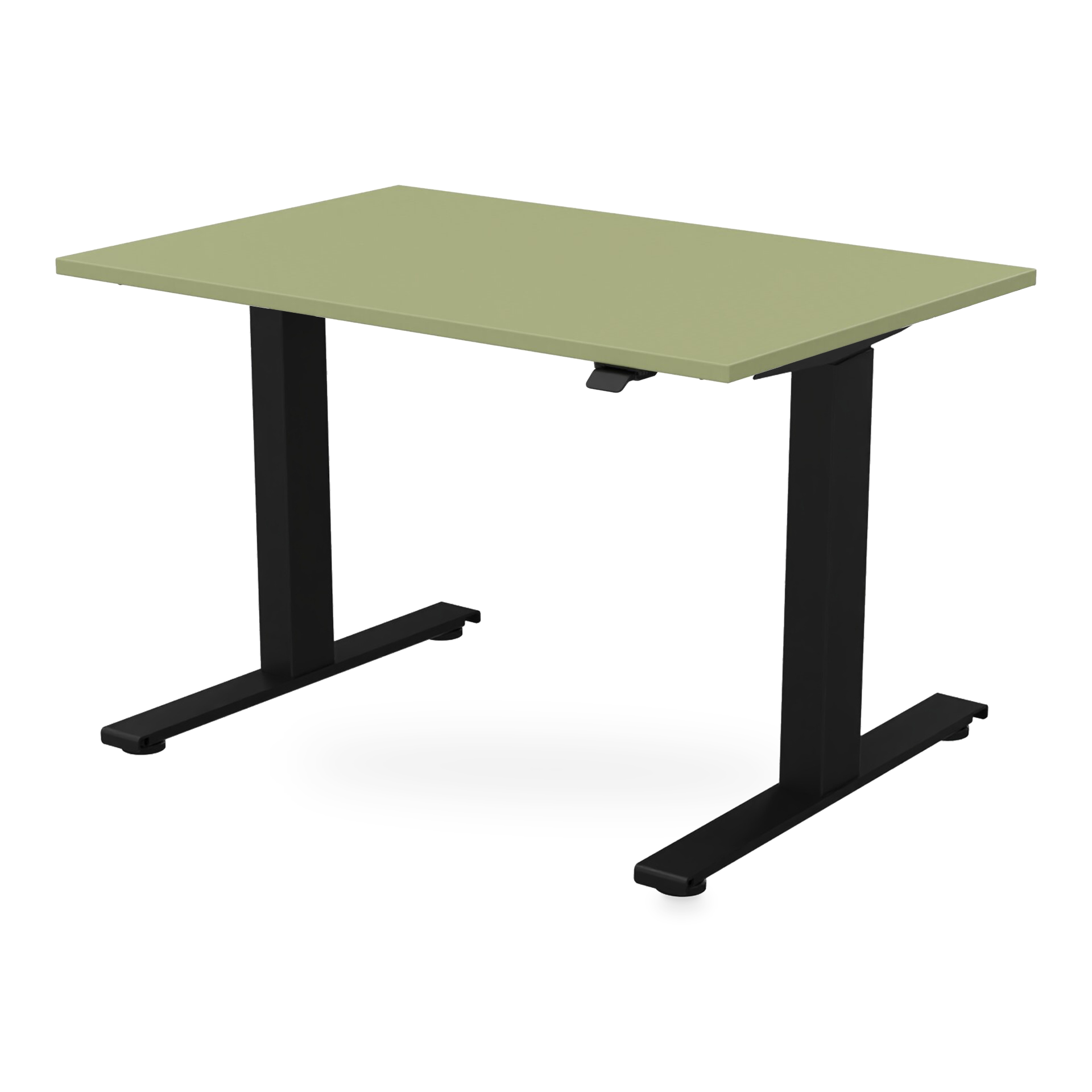 Ein moderner, höhenverstellbarer Stehschreibtisch mit einer rechteckigen hellgrünen Tischplatte und einem stabilen T-Bein-Gestell aus schwarzem Metall, isoliert vor einem schlichten Hintergrund, ideal für ergonomische Heimbüro- oder professionelle Ar