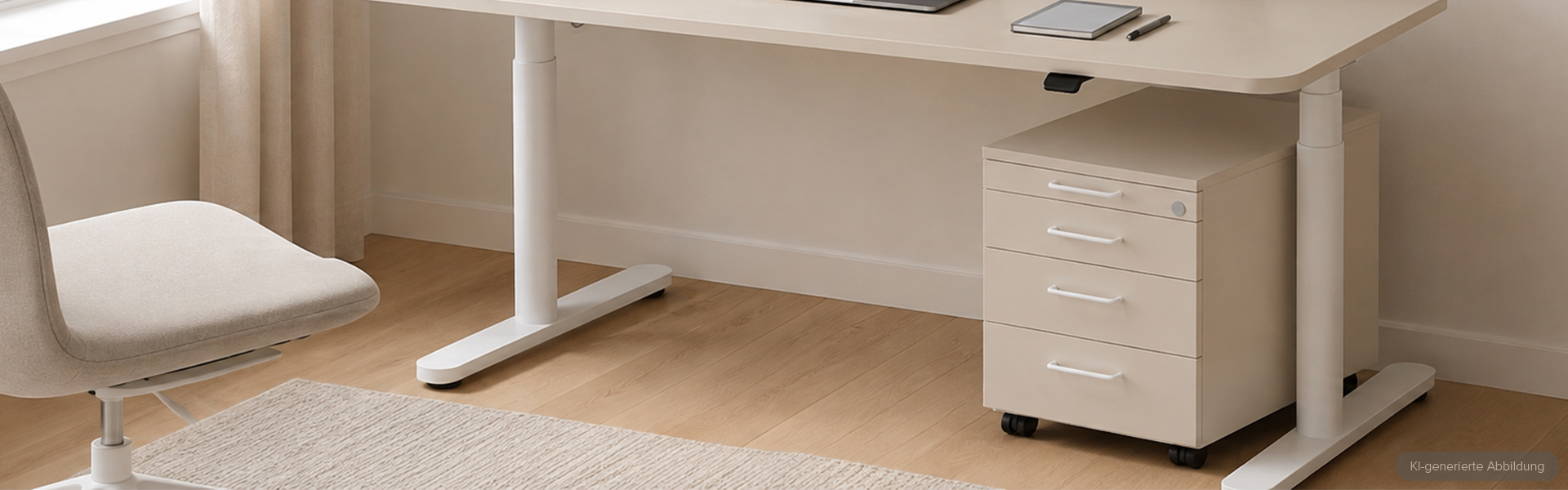 Ein modernes, minimalistisches Home-Office-Setup mit einem höhenverstellbaren Schreibtisch mit hellbeiger Tischplatte und weißen Beinen, gepaart mit einem passenden beigefarbenen Rollcontainer mit drei Schubladen auf Rollen, auf einem hellen Holzbode