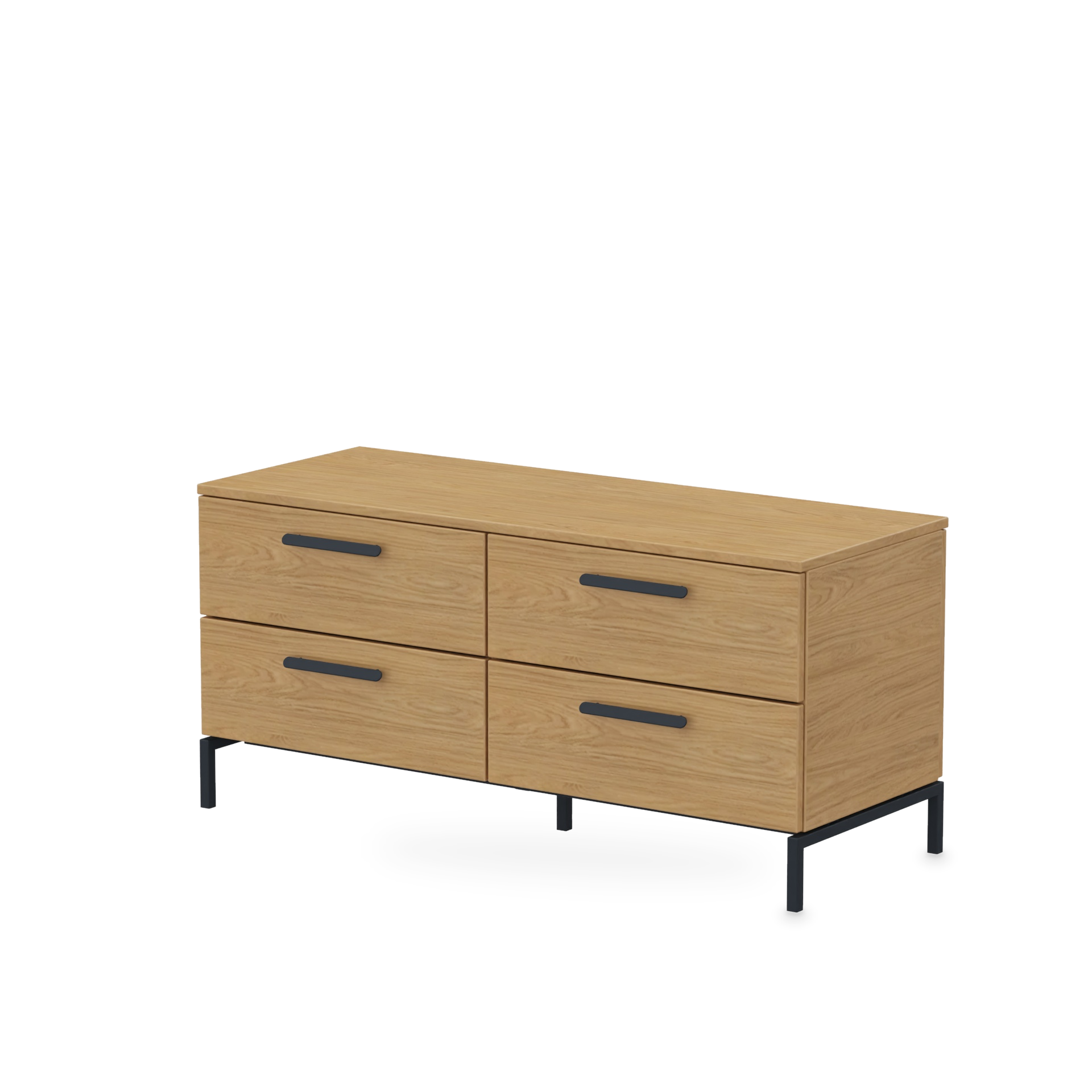 Ein modernes, flaches Holz-Sideboard mit heller Eichenoberfläche, vier geräumigen Schubladen mit eleganten schwarzen horizontalen Griffen und einem stabilen schwarzen Metallrahmen, perfekt für die moderne Aufbewahrung im Wohnzimmer oder Schlafzimmer.
