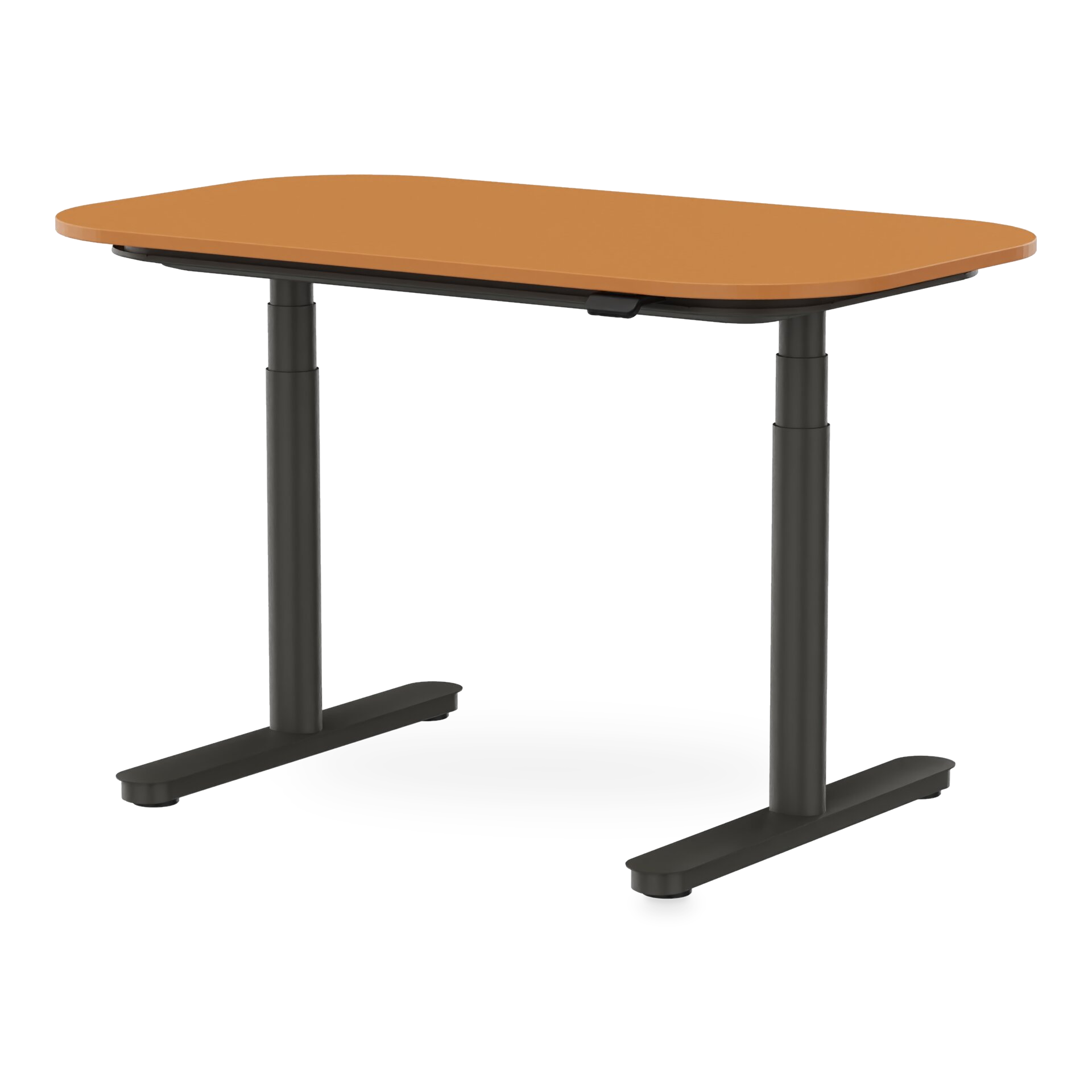 Ein höhenverstellbarer Stehschreibtisch mit einer rechteckigen hellbraunen Holztischplatte mit abgerundeten Ecken, getragen von einem stabilen schwarzen Metallrahmen mit Doppelsäulen und flachen, stabilen Füßen, isoliert vor einem schlichten schwarze