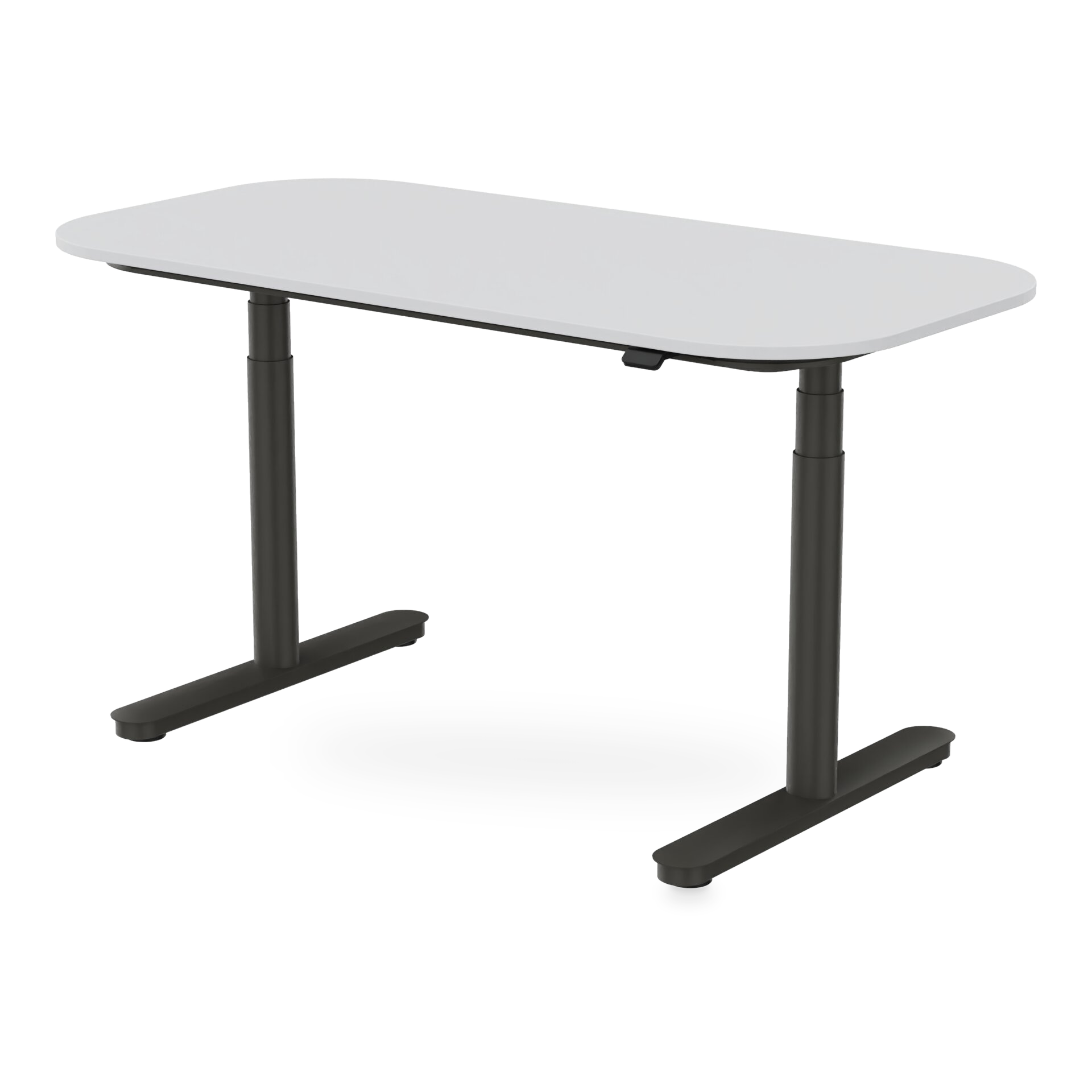 Ein moderner höhenverstellbarer Stehschreibtisch mit einer glatten, hellgrauen rechteckigen Tischplatte mit abgerundeten Ecken, getragen von einem stabilen schwarzen Metallgestell mit zwei vertikalen Säulen und breiten, stabilen Füßen auf schlichtem