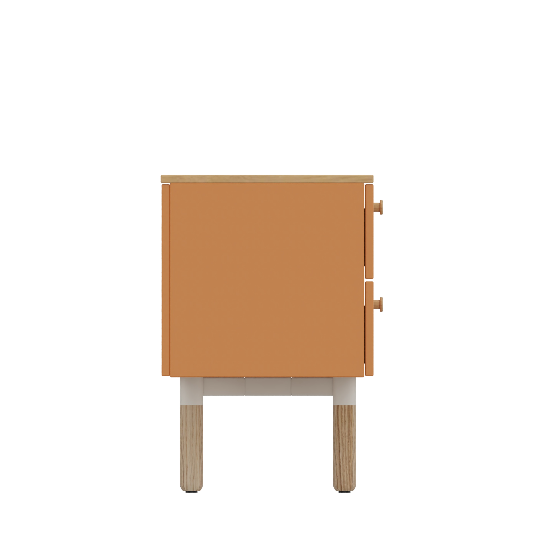 Seitenprofil eines modernen Nachttisches mit heller Holzplatte, orangefarbenen Schubladen und weißen Beinen mit Akzenten aus Naturholz vor einem schwarzen Hintergrund. Das minimalistische Design verfügt über zwei Schubladen mit kleinen, runden Holzkn