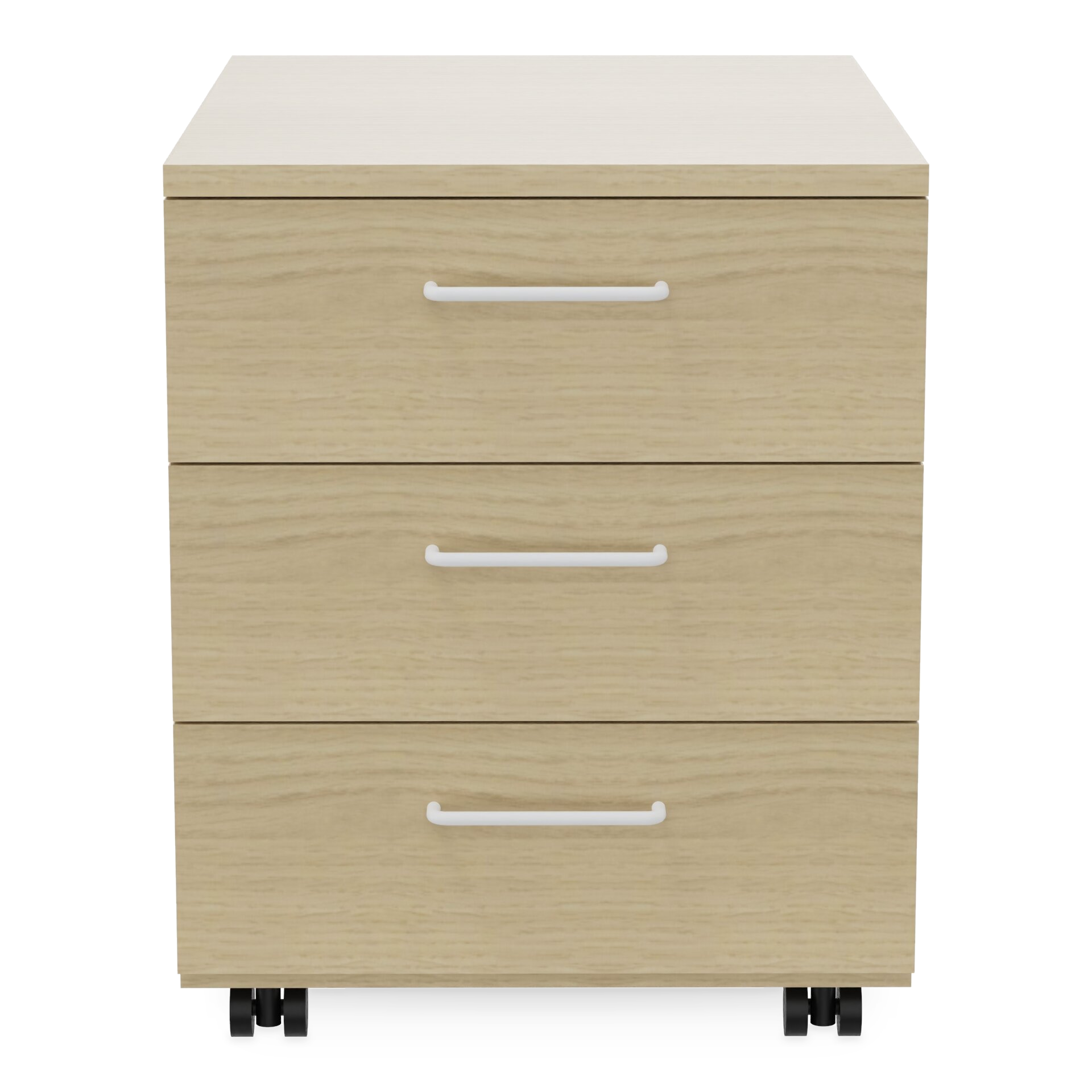 Ein moderner mobiler Sockelschrank mit drei geräumigen Schubladen mit heller Holzmaserung und minimalistischen weißen horizontalen Griffen, die auf leichtgängigen Rollen stehen und so die Organisation und Aufbewahrung im Büro erleichtern.