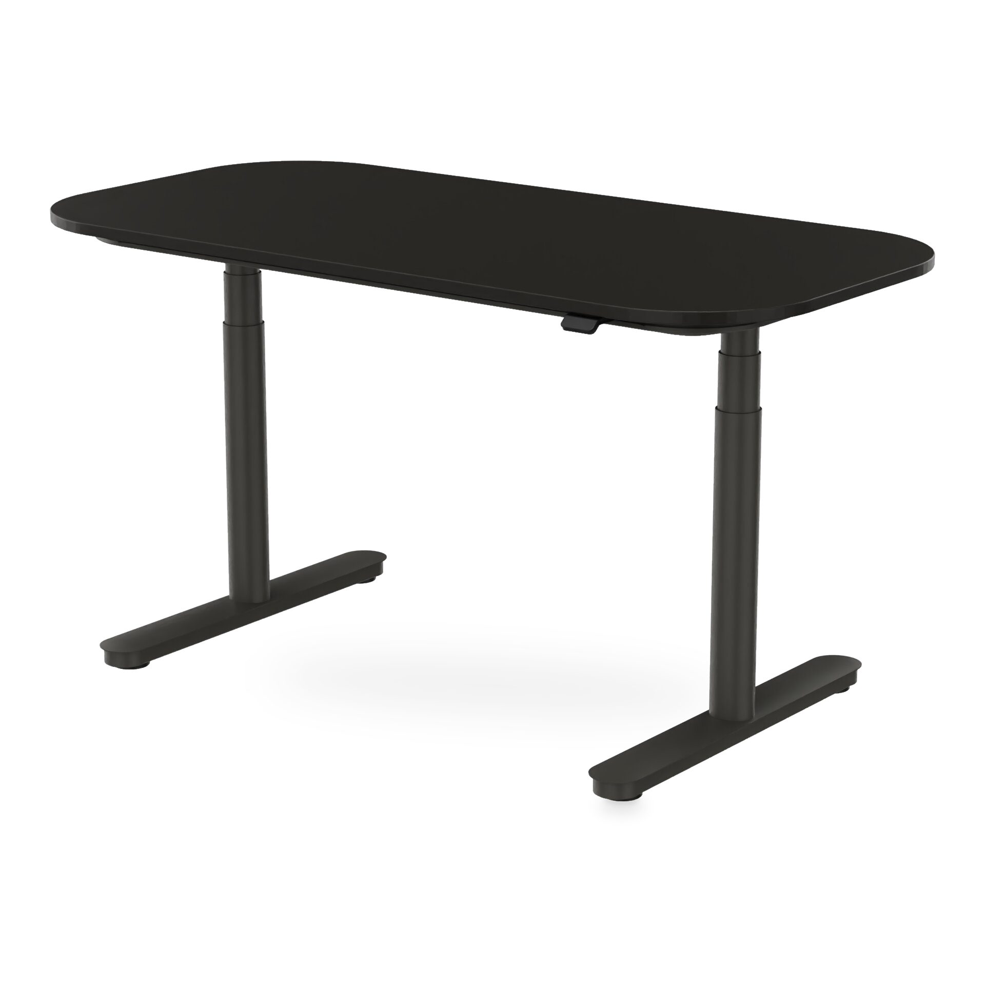 Ein moderner, minimalistischer höhenverstellbarer Stehschreibtisch mit einer glatten, mattschwarzen rechteckigen Tischplatte mit abgerundeten Ecken, getragen von einem stabilen T-Bein-Gestell aus schwarzem Metall, isoliert vor einem schlichten Hinter