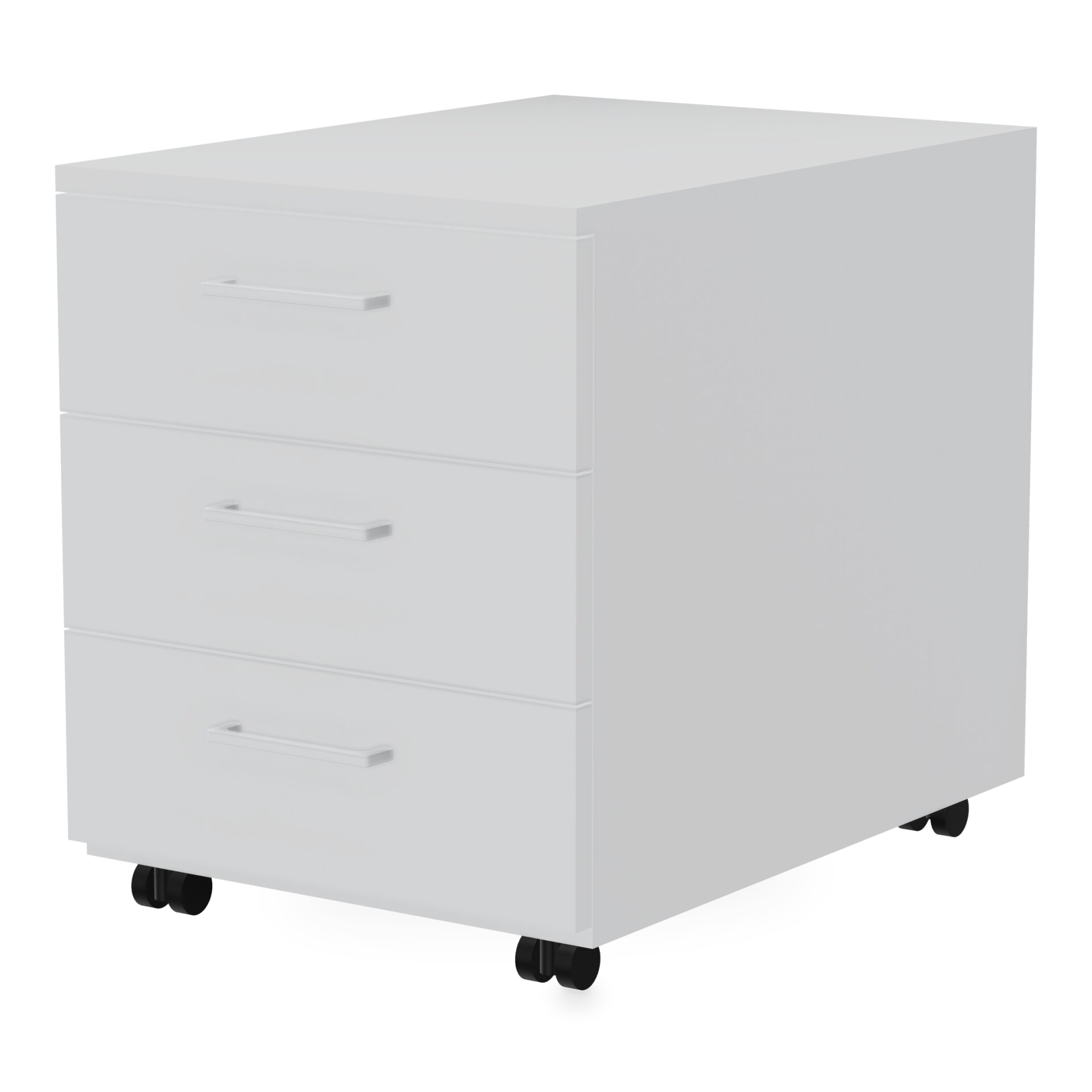 Ein moderner, minimalistischer Rollcontainer mit drei geräumigen Schubladen in klarem Weiß. Dieses Büro-Aufbewahrungselement verfügt über schlanke horizontale Griffe und steht auf robusten schwarzen Rollen für eine einfache Bewegung, ideal für privat