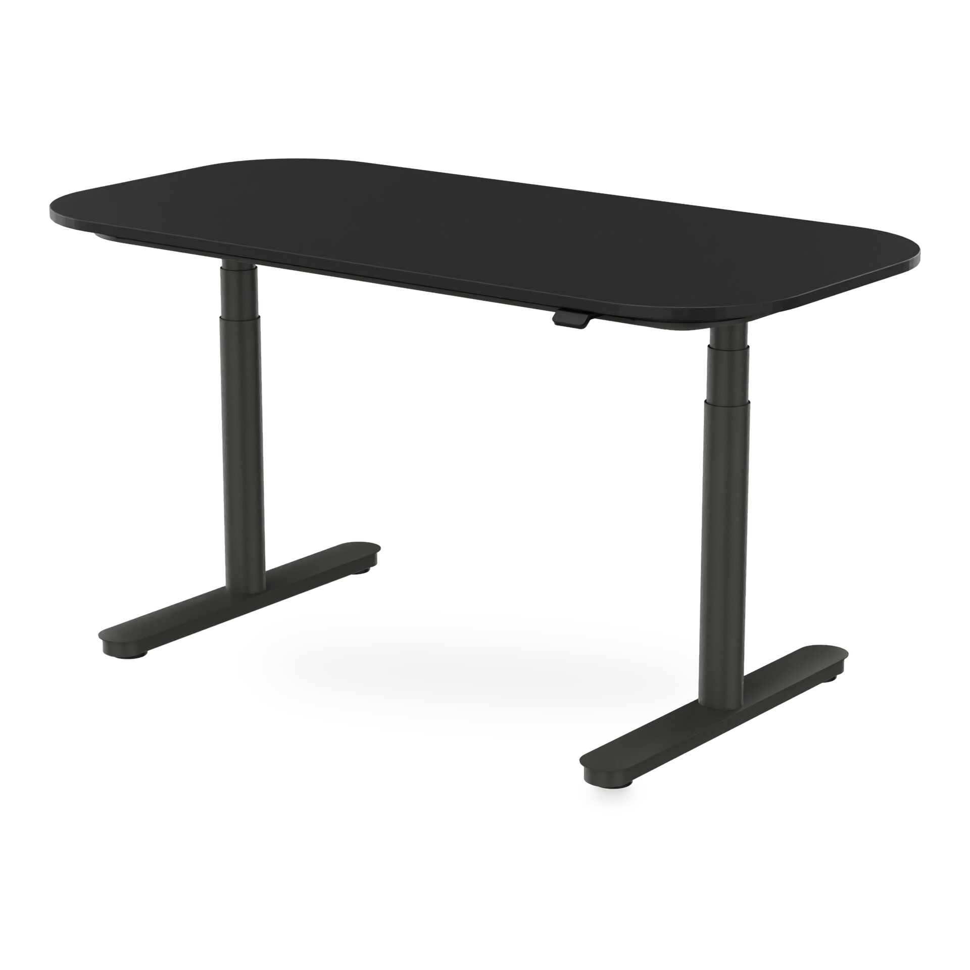 Ein moderner, minimalistischer, höhenverstellbarer Stehschreibtisch mit einer glatten, mattschwarzen, rechteckigen Tischplatte und abgerundeten Ecken, getragen von einem stabilen T-Bein-Gestell aus schwarzem Metall, isoliert vor einem schlichten Hint