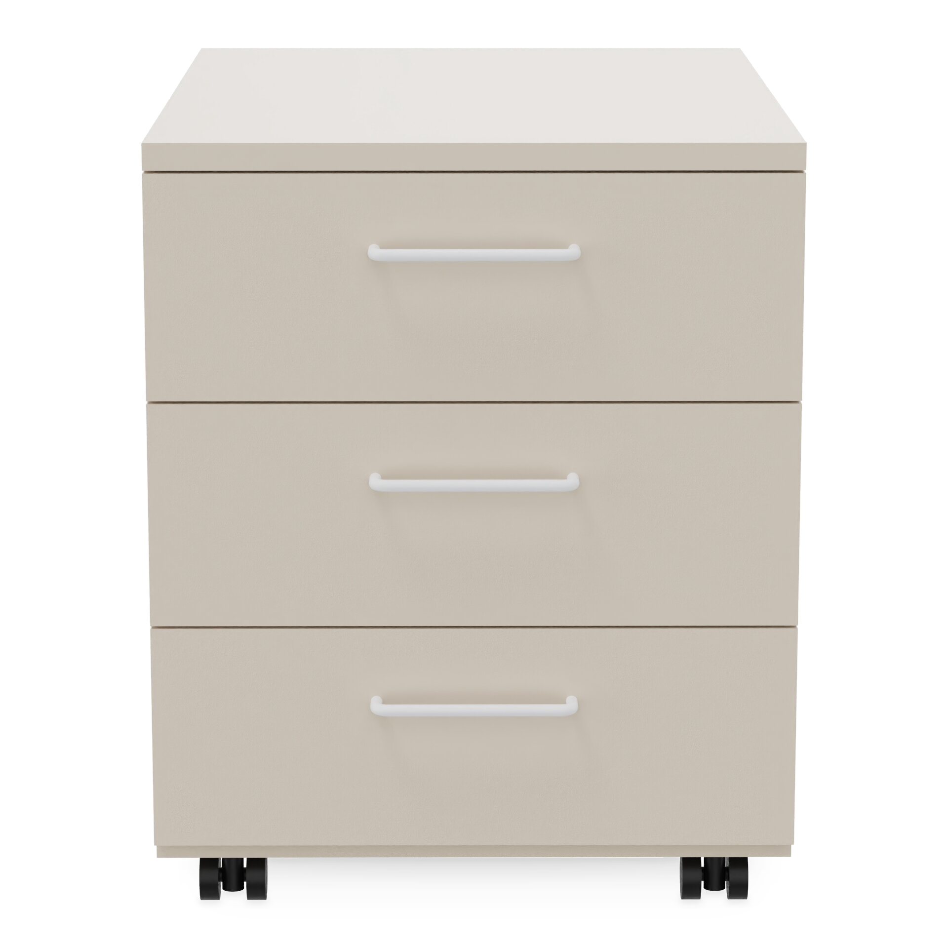 Ein moderner Rollcontainer in hellbeigem Finish mit drei geräumigen Schubladen mit einfachen weißen horizontalen Griffen. Das Gerät steht auf schwarzen Rollen und bietet ein klares, minimalistisches Design, das sich für die Aufbewahrung im Büro oder