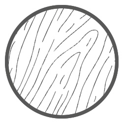 Ein kreisförmiges Symbol mit einer einfachen Strichzeichnung der Holzmaserung, die ein natürliches Holzfinish für Möbel und Wohnaccessoires auf einem sauberen weißen Hintergrund darstellt.