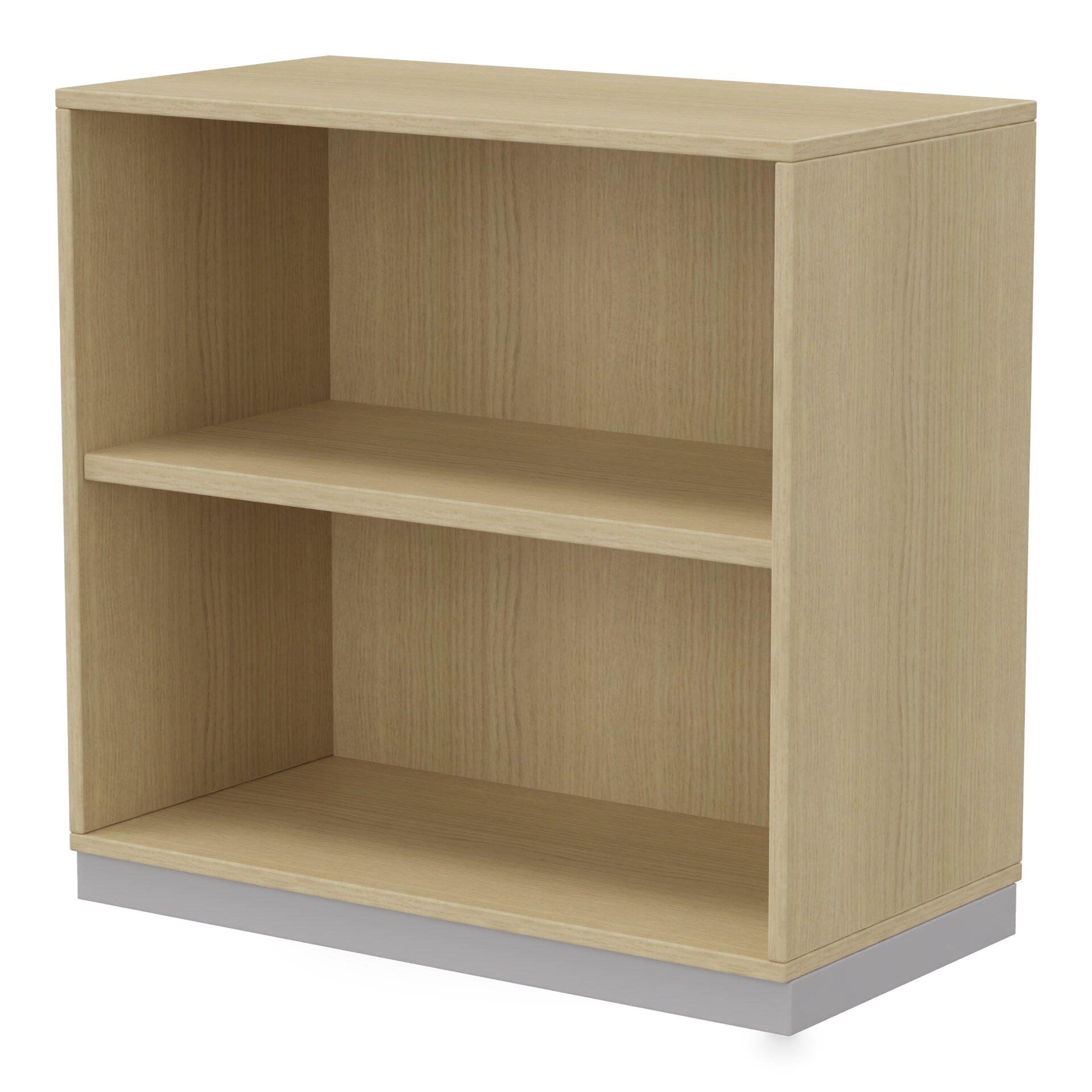 Ein niedriges, offenes Bücherregal mit heller Eichenholzmaserung, einem verstellbaren Mittelregal und einem stabilen grauen Sockel, das eine minimalistische und funktionale Aufbewahrungslösung für die Organisation zu Hause oder im Büro bietet.