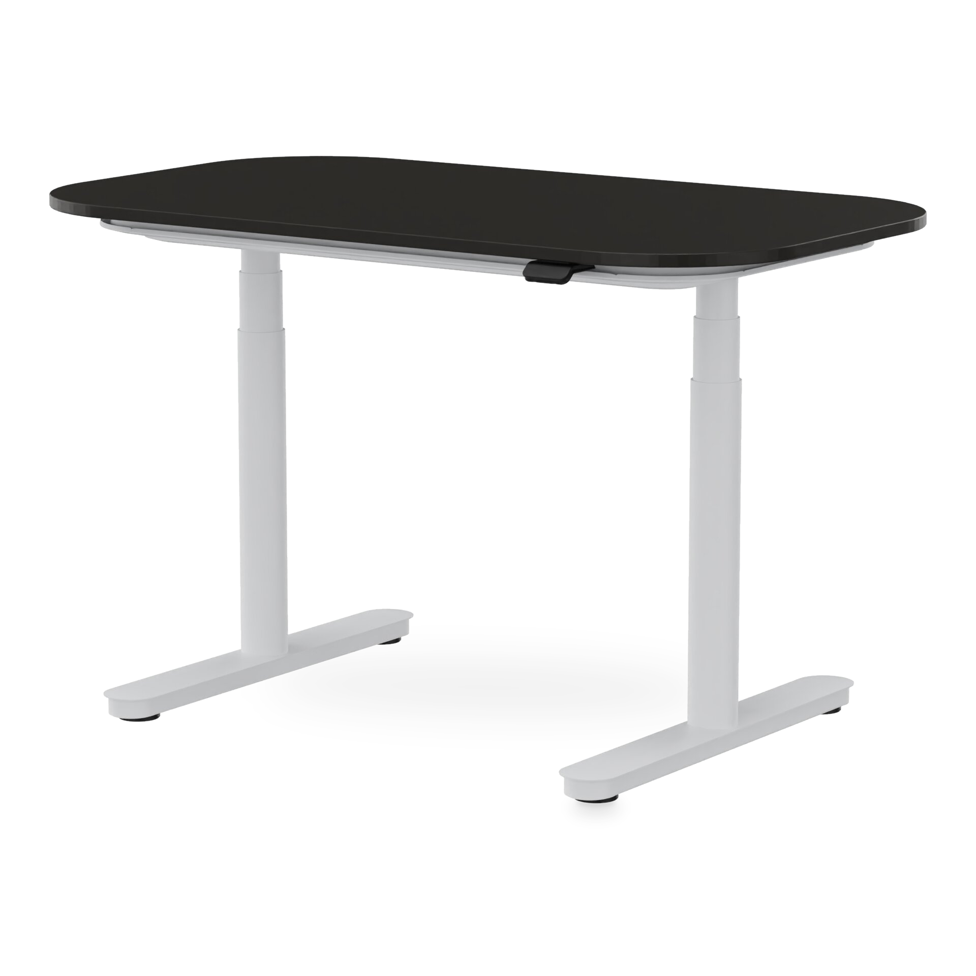 Ein moderner höhenverstellbarer Stehschreibtisch mit einer eleganten schwarzen rechteckigen Tischplatte mit abgerundeten Ecken, getragen von einem stabilen weißen Metallrahmen mit Doppelsäulen, isoliert vor einem schlichten schwarzen Hintergrund.