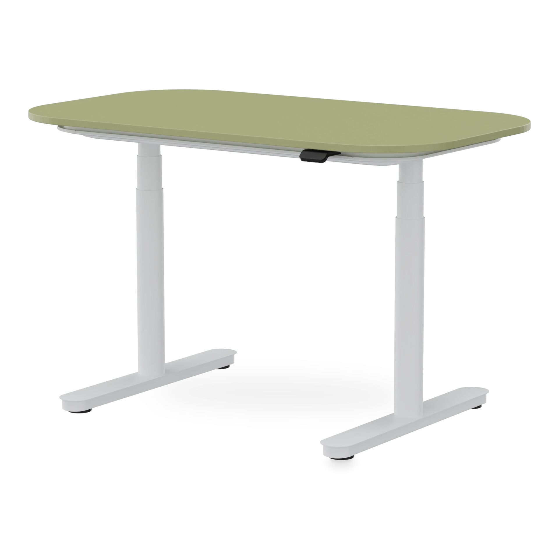 Moderner höhenverstellbarer Schreibtisch mit einer salbeigrünen rechteckigen Tischplatte mit abgerundeten Ecken und einem stabilen weißen Metallrahmen, entworfen für den ergonomischen Einsatz im Büro oder am Heimarbeitsplatz vor einem schlichten Hint