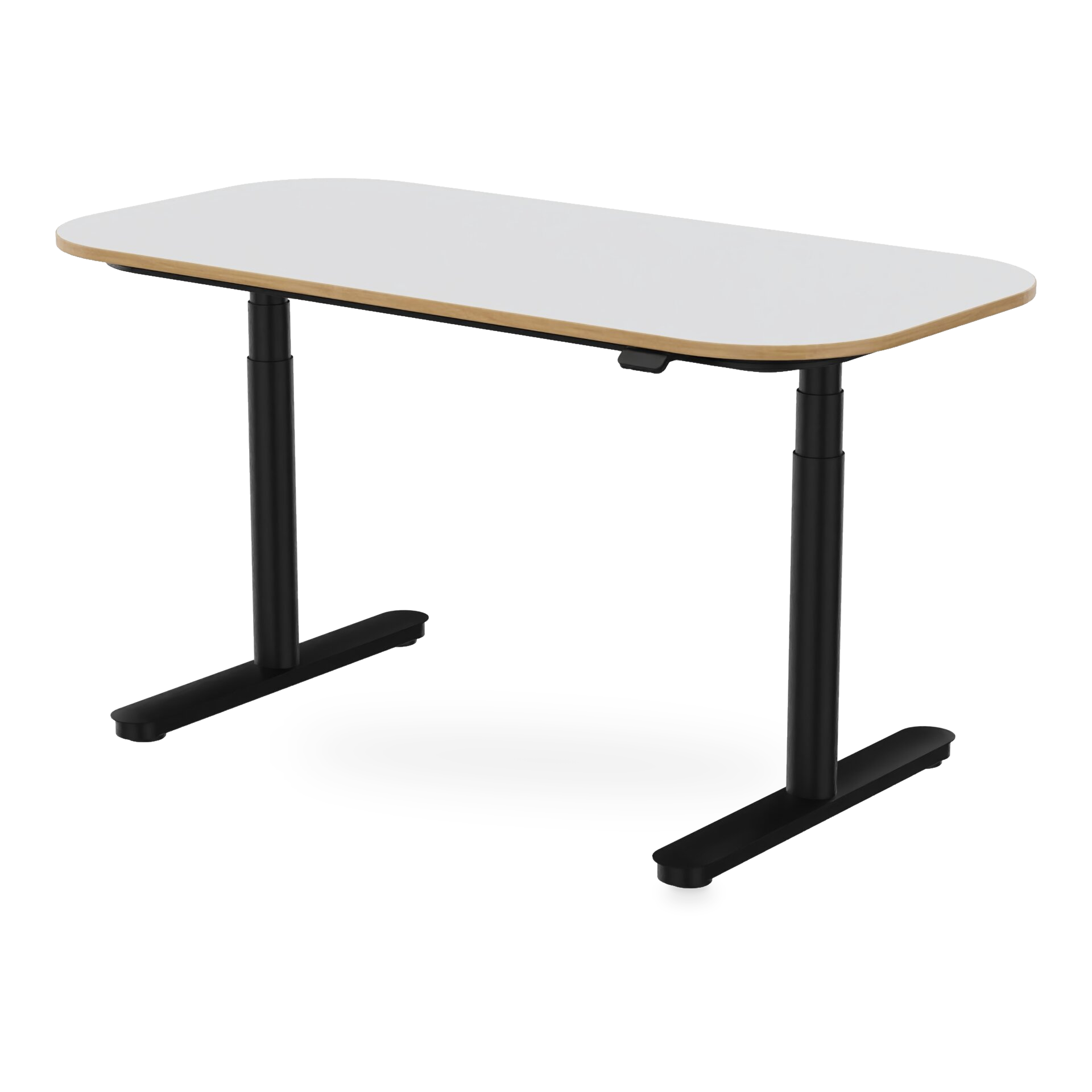 Ein moderner, höhenverstellbarer Stehschreibtisch mit einer weißen, rechteckigen Tischplatte mit abgerundeten Ecken und einer Kante aus hellem Holz, getragen von einem stabilen T-Bein-Gestell aus schwarzem Metall, isoliert vor einem schlichten Hinter
