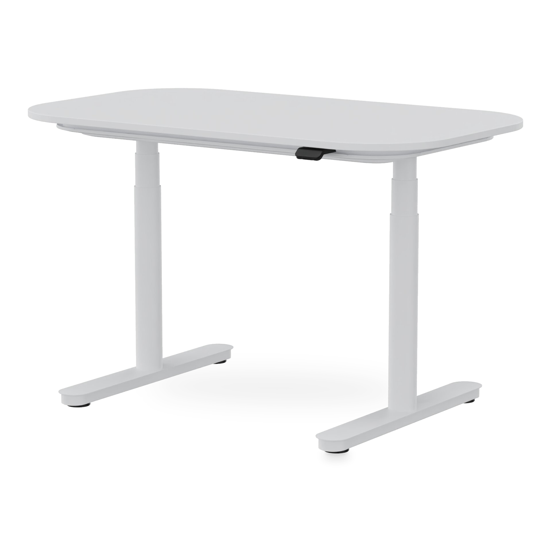 Ein moderner, minimalistischer höhenverstellbarer Stehschreibtisch mit einer glatten weißen rechteckigen Tischplatte mit abgerundeten Ecken und einem stabilen weißen Metallrahmen mit zwei Teleskopbeinen, perfekt für ein modernes Heimbüro oder einen A