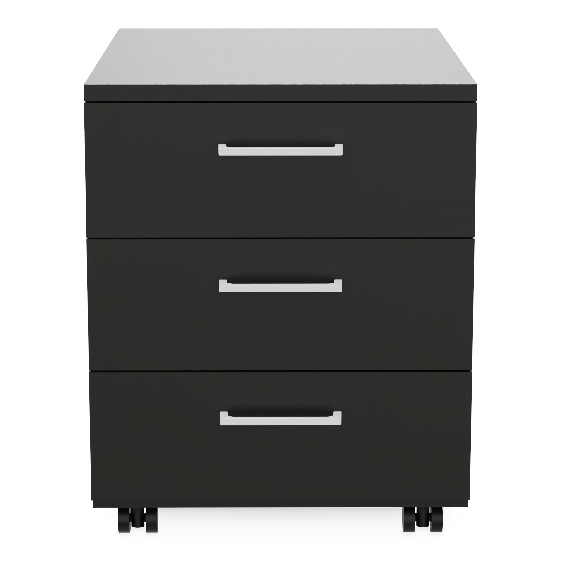 Ein moderner Rollcontainer in Mattschwarz mit drei geräumigen Schubladen mit eleganten, horizontalen silbernen Metallgriffen. Das Gerät steht auf kleinen, diskreten Rollen, sodass es leicht bewegt werden kann, ideal für die organisierte Aufbewahrung