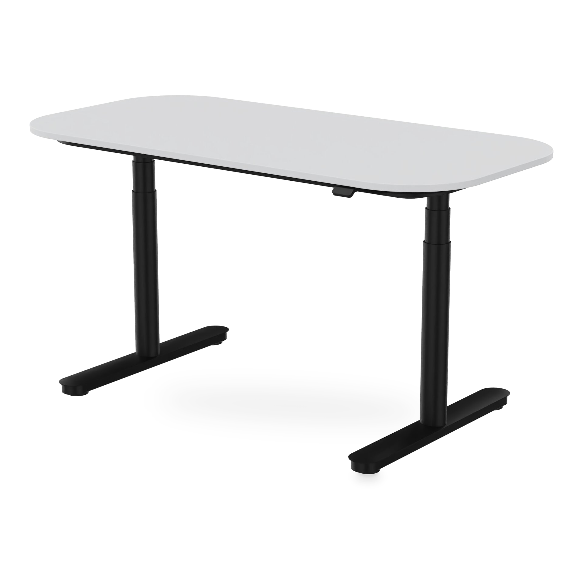 Ein moderner höhenverstellbarer Stehschreibtisch mit einer glatten, hellgrauen rechteckigen Tischplatte mit abgerundeten Ecken, getragen von einem stabilen schwarzen Metallgestell mit zwei Teleskopsäulen und flachen, stabilen Füßen vor schwarzem Hint