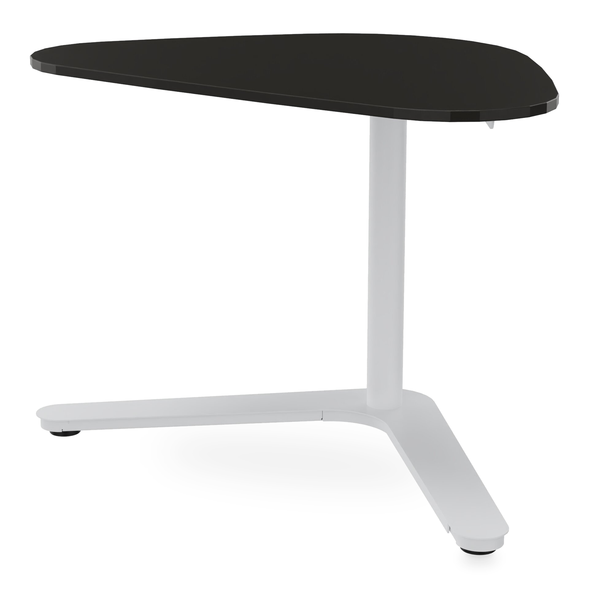 Ein moderner, höhenverstellbarer Beistelltisch mit einer eleganten, schwarzen, tropfenförmigen Tischplatte, die von einem stabilen, weißen, Y-förmigen Metallfuß getragen wird, ideal für den Einsatz als Laptopständer oder kompakter Couchtisch in moder