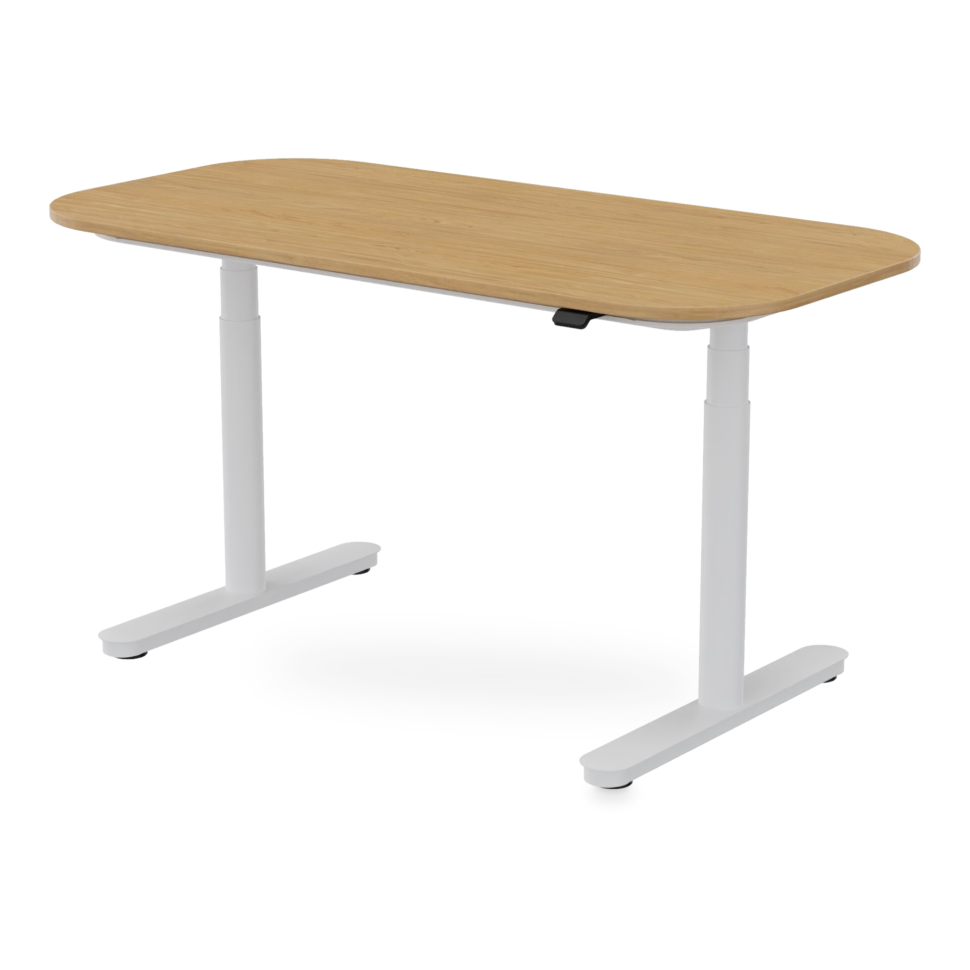 Ein moderner, höhenverstellbarer Schreibtisch mit einer Tischplatte mit heller Eichenholzmaserung und abgerundeten Ecken, getragen von einem minimalistischen weißen Metallrahmen mit zwei stabilen T-förmigen Beinen, perfekt für ein modernes Heimbüro o