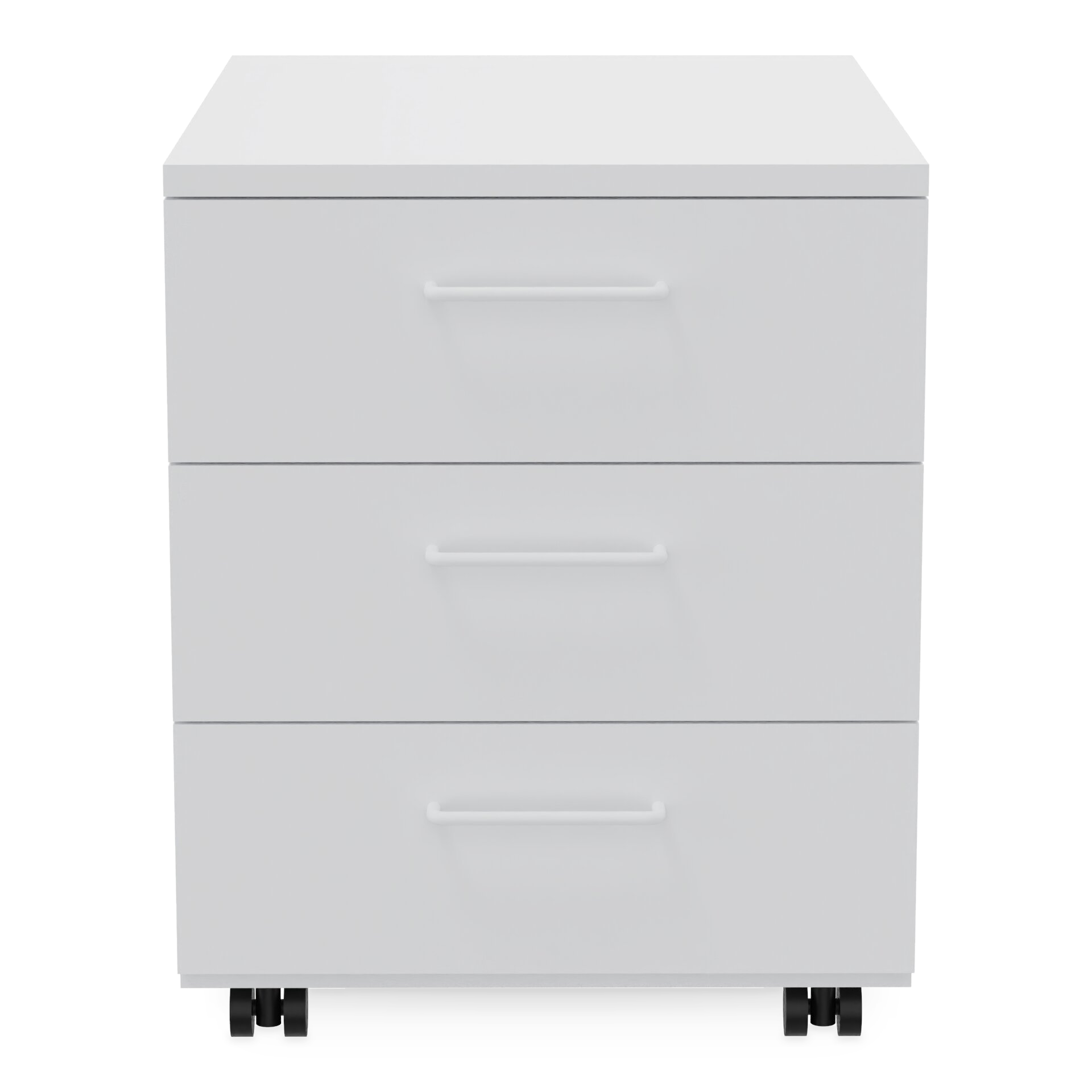 Ein moderner, weißer Rollcontainer mit drei geräumigen Schubladen, minimalistischen horizontalen Griffen und schwarzen Rollen für einfaches Bewegen. Dieser elegante Büroschrank bietet ein klares, modernes Design, das für jeden Arbeitsplatz geeignet i