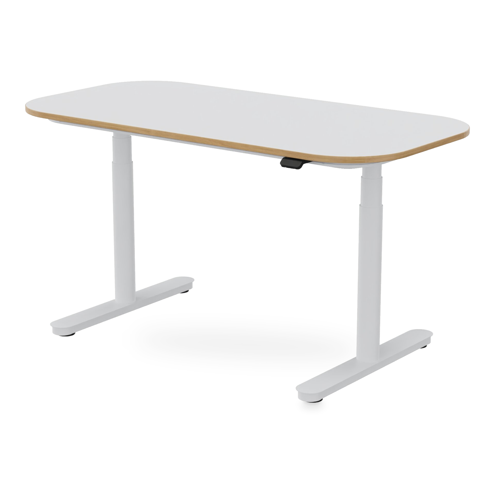 Moderner höhenverstellbarer Stehschreibtisch mit einer weißen rechteckigen Tischplatte mit abgerundeten Ecken, einer Kante in natürlicher Holzoptik und einem stabilen weißen Metallrahmen mit zwei T-förmigen Beinen, isoliert vor einem schlichten Hinte