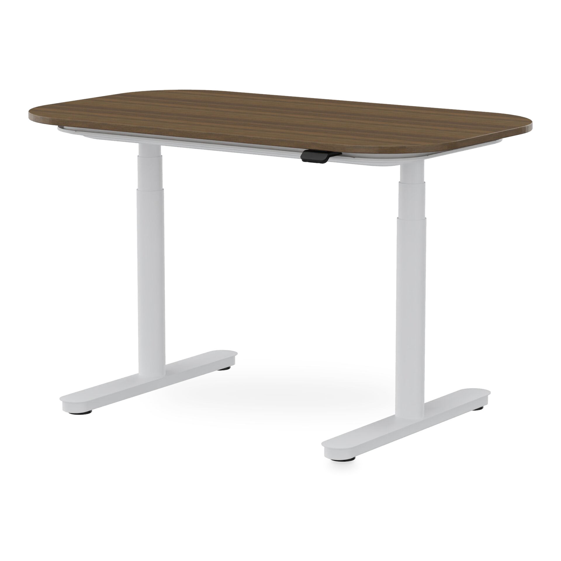 Ein moderner höhenverstellbarer Stehschreibtisch mit einer rechteckigen Tischplatte mit dunkler Holzmaserung und abgerundeten Ecken, getragen von einem stabilen weißen Metallgestell mit zwei Teleskopsäulen und flachen, stabilen Füßen vor einem schlic