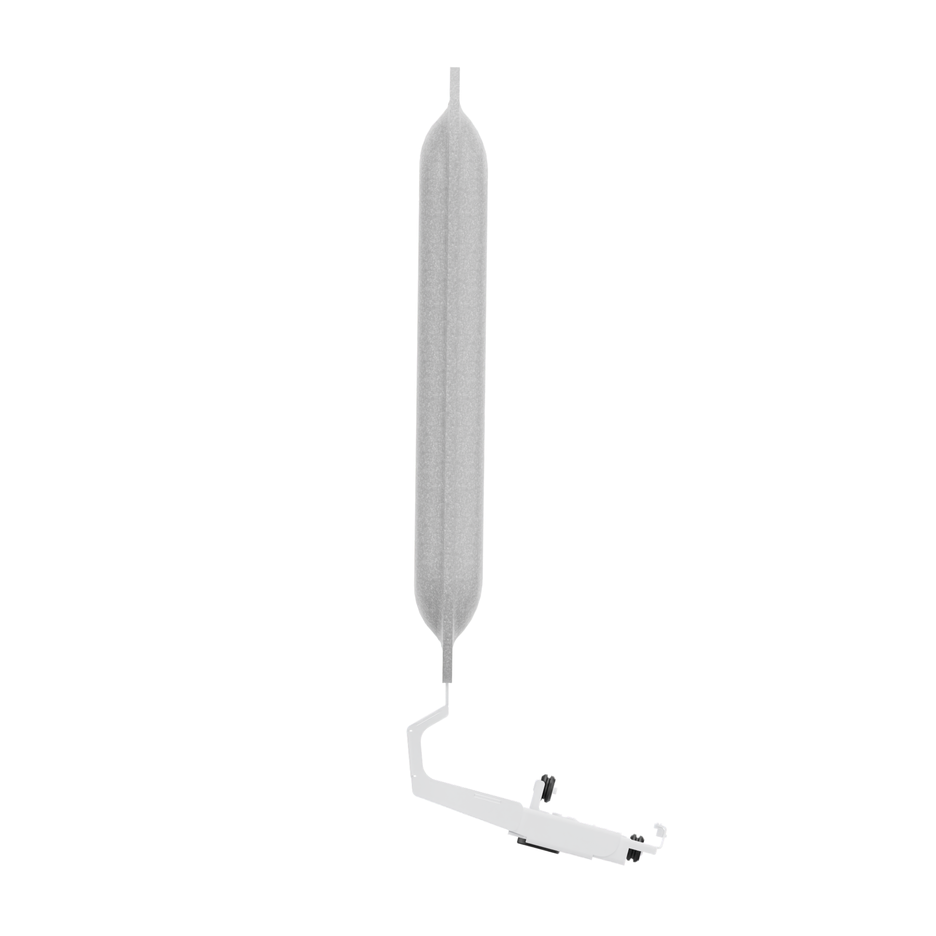 Eine vertikale, hellgraue, längliche zylindrische Möbelkomponente mit einem schlanken, minimalistischen Design und einer weißen Montagehalterung an der Basis, isoliert vor einem einfarbigen schwarzen Hintergrund für eine klare Produktvisualisierung.