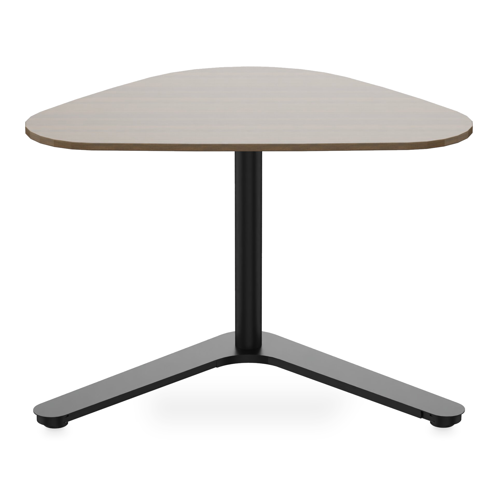 Ein moderner Beistelltisch mit einer dreieckigen Tischplatte mit Holzmaserung, die von einem eleganten, schwarzen Metallsockel mit dreizackigem Fußdesign getragen wird, isoliert vor einem schlichten Hintergrund für eine klare, moderne Ästhetik.