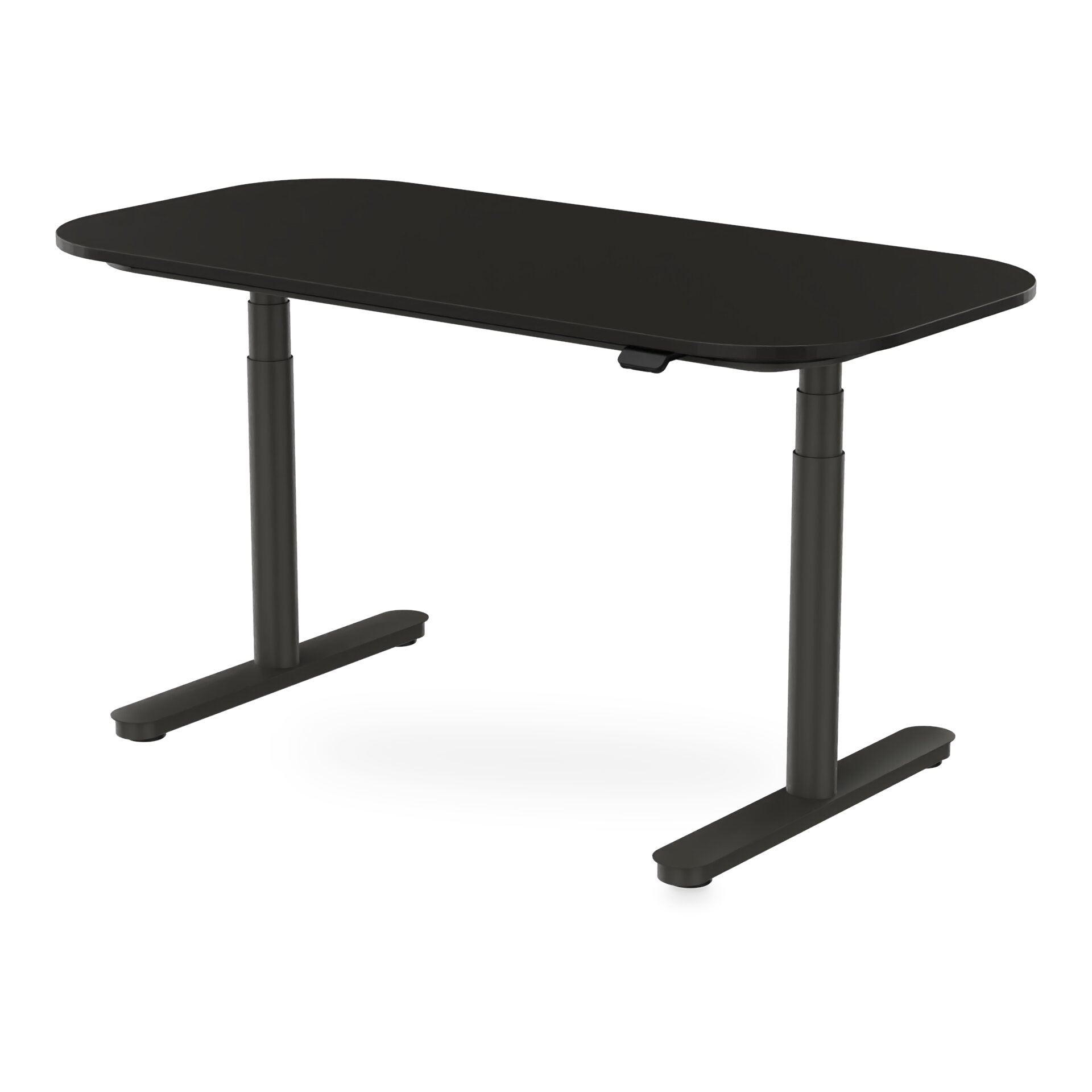 Ein moderner, minimalistischer höhenverstellbarer Stehschreibtisch mit einer eleganten schwarzen rechteckigen Tischplatte mit abgerundeten Ecken und einem stabilen T-Bein-Gestell aus schwarzem Metall, isoliert vor einem schlichten Hintergrund für ein