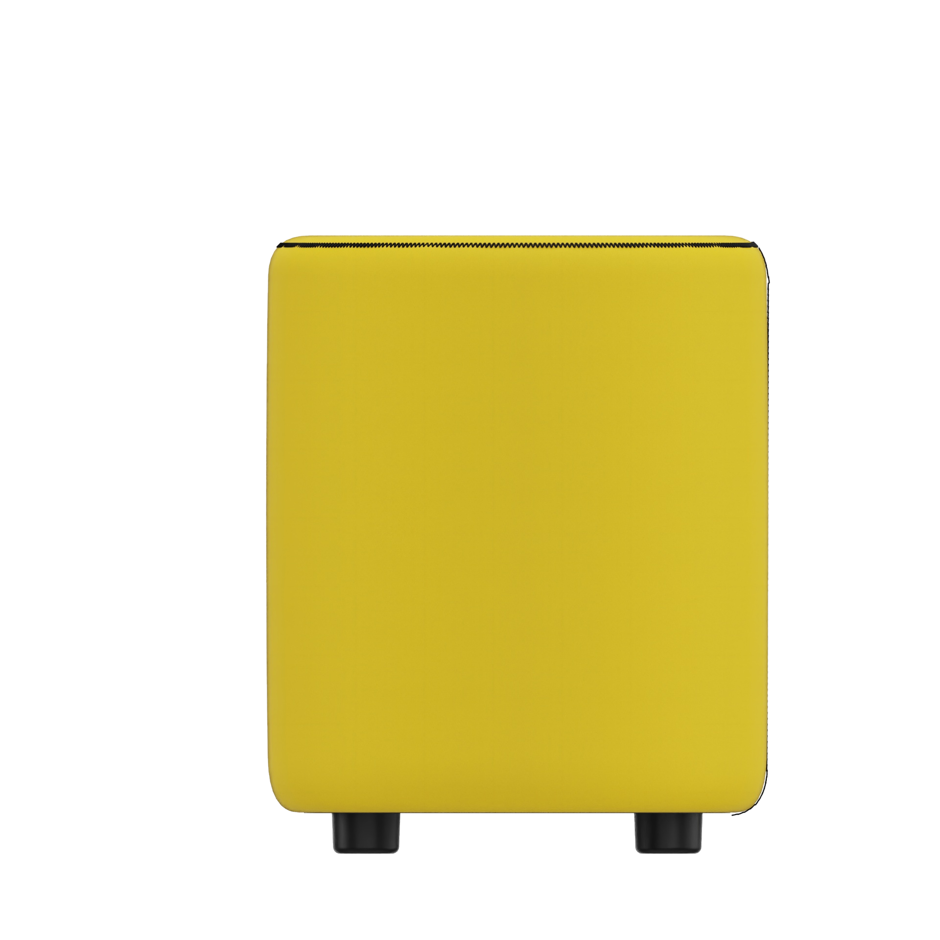 Ein moderner, rechteckiger, gelb gepolsterter Ottoman mit minimalistischem Design mit klaren Linien, glatter Stoffstruktur und kleinen schwarzen zylindrischen Füßen, isoliert vor einem schlichten Hintergrund für eine moderne Inneneinrichtungsästhetik