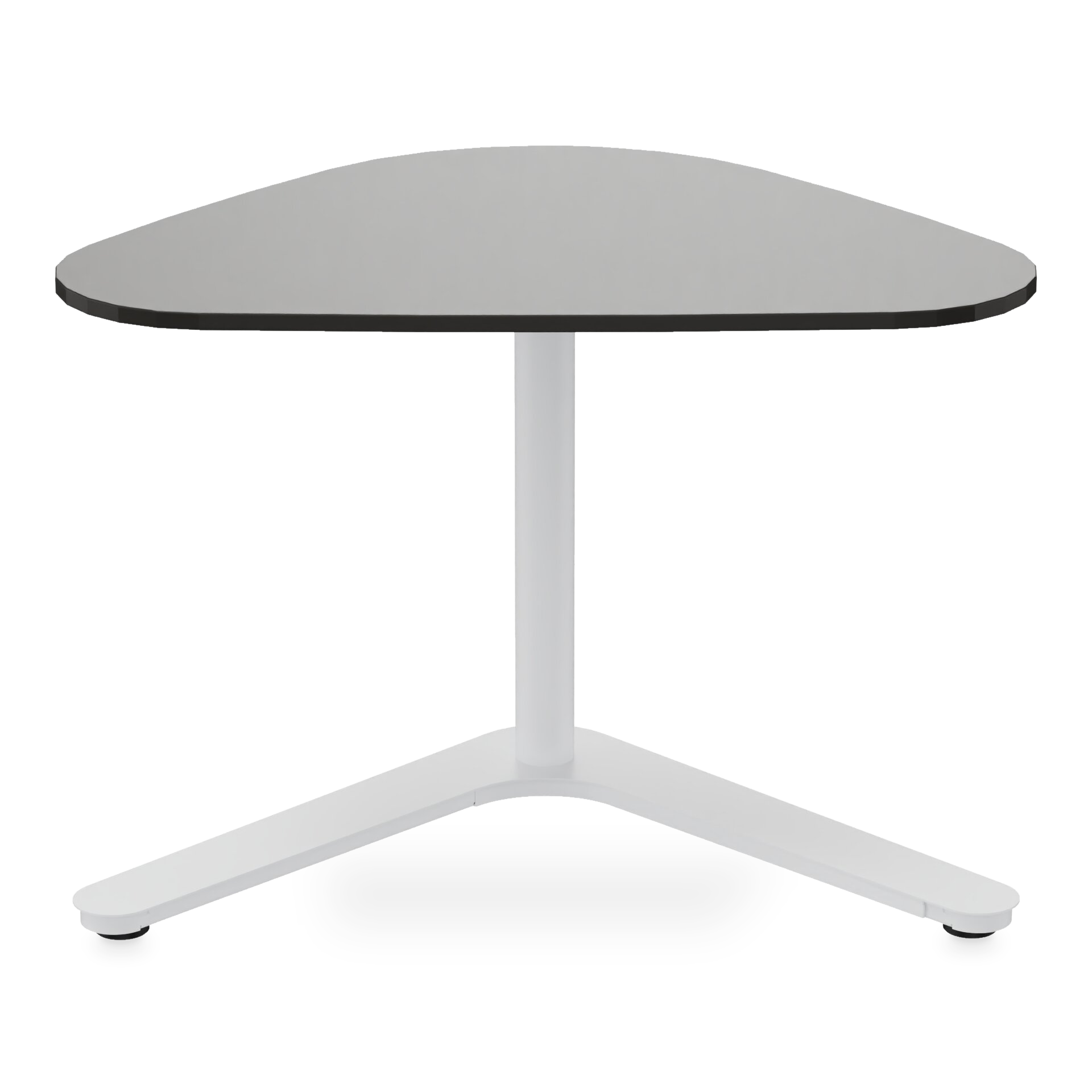 Ein moderner, minimalistischer Beistelltisch mit einer einzigartigen dreieckigen grauen Tischplatte und einem stabilen weißen zentralen Sockel mit drei Beinen, isoliert vor einem schlichten schwarzen Hintergrund, ideal für moderne Wohn- oder Büroumge