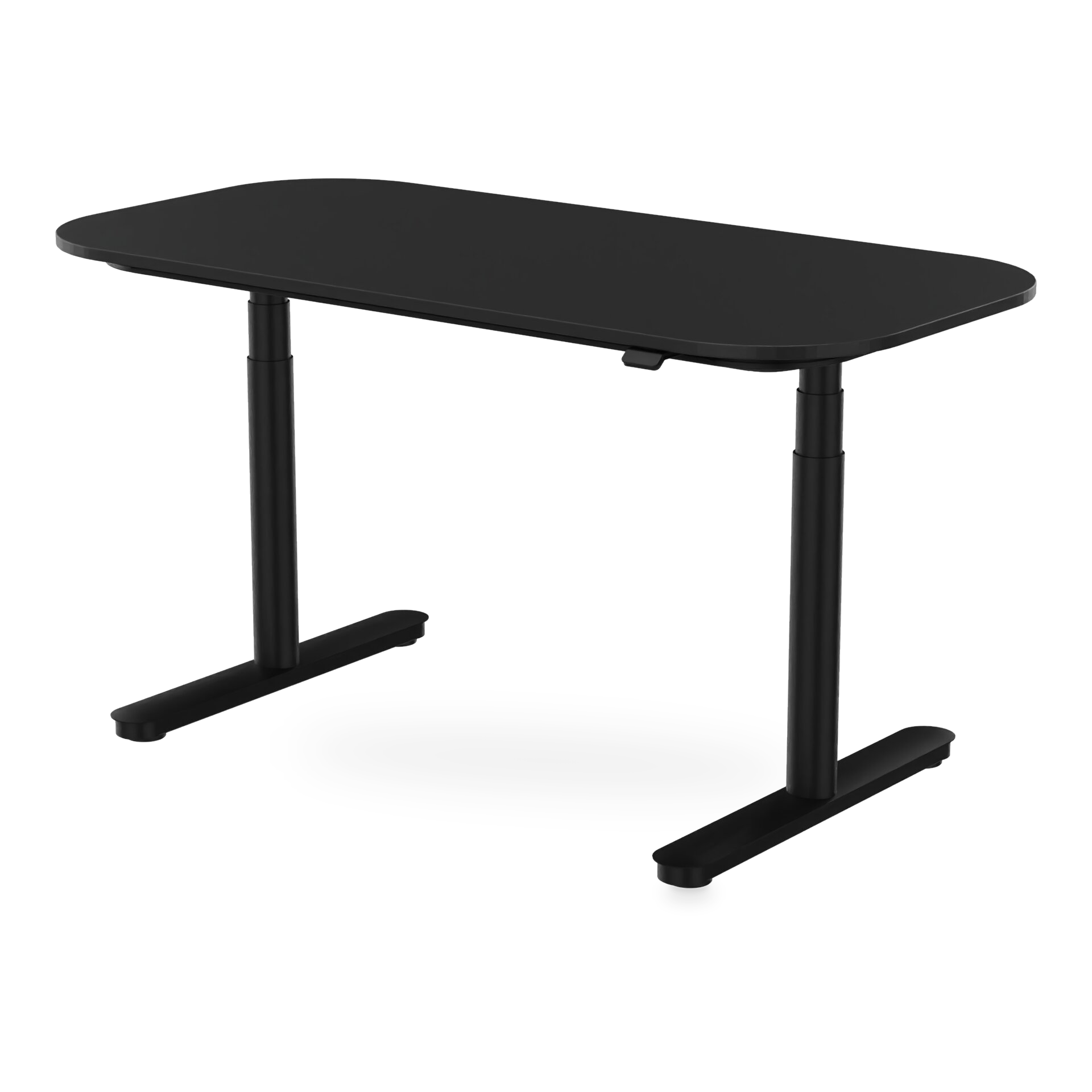 Ein moderner, minimalistischer höhenverstellbarer Stehschreibtisch mit einer mattschwarzen rechteckigen Platte und abgerundeten Ecken, getragen von einem stabilen T-Bein-Gestell aus schwarzem Metall, isoliert vor einem schlichten Hintergrund.