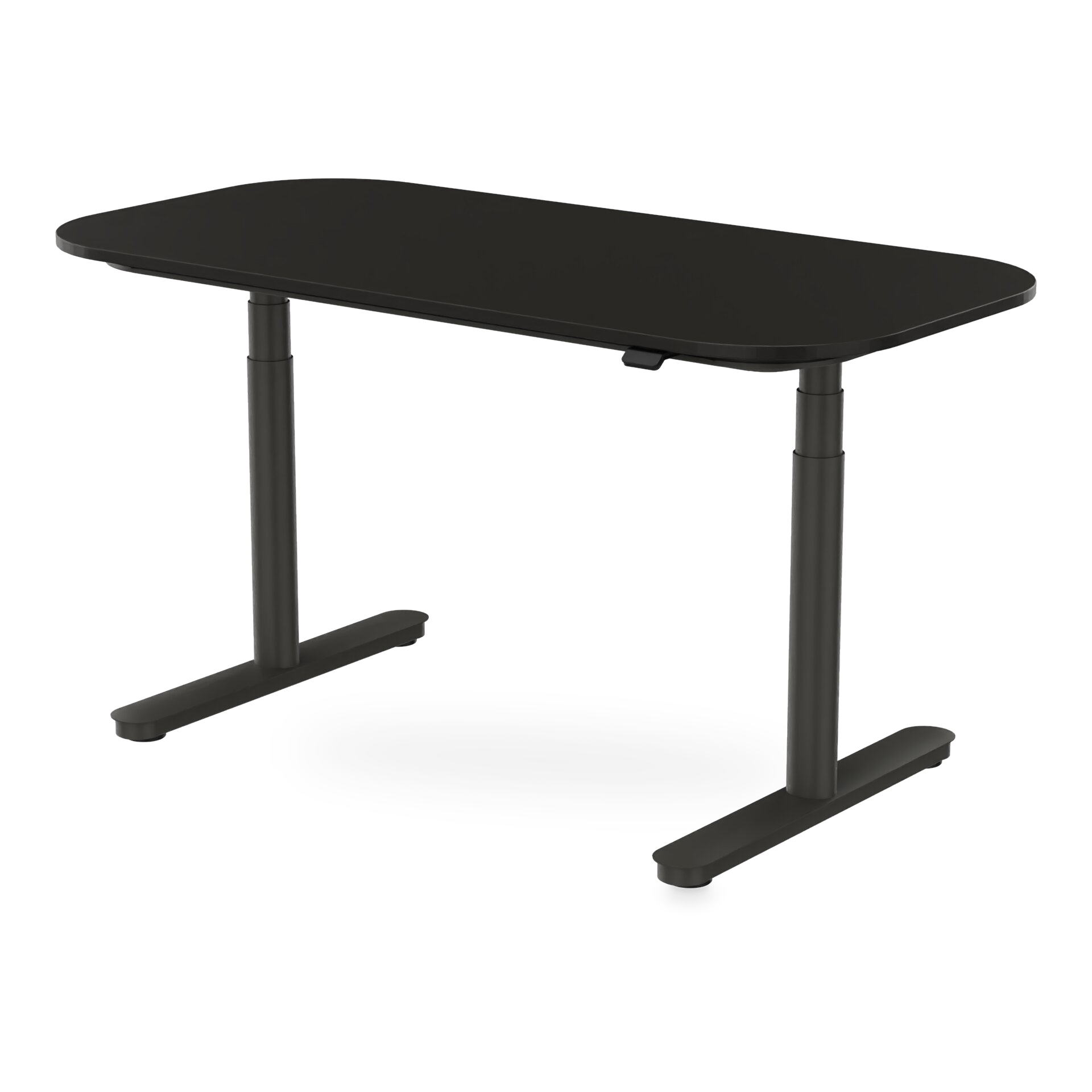 Ein moderner, höhenverstellbarer Stehschreibtisch mit einer eleganten schwarzen rechteckigen Tischplatte mit abgerundeten Ecken und einem stabilen schwarzen Metallrahmen mit zwei T-förmigen Beinen, isoliert vor einem schlichten Hintergrund für eine m