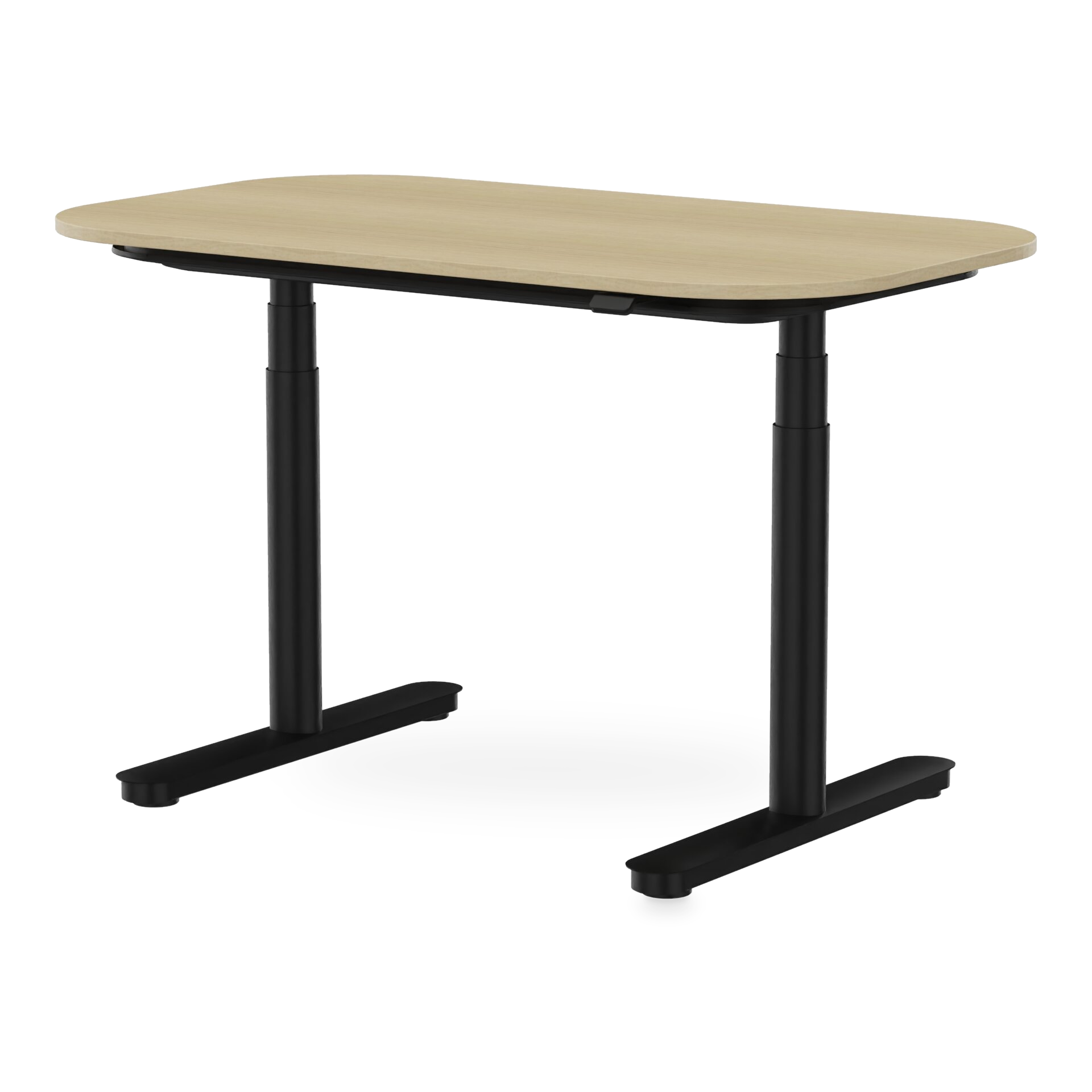 Ein moderner, höhenverstellbarer Schreibtisch mit einer rechteckigen Tischplatte mit heller Holzmaserung und abgerundeten Ecken, getragen von einem stabilen T-Bein-Gestell aus schwarzem Metall, isoliert vor einem schlichten Hintergrund für eine klare