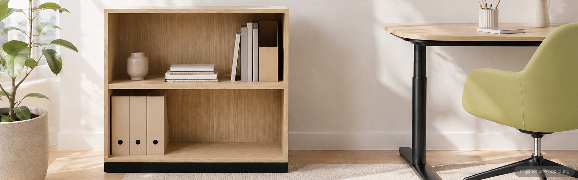 Zwei moderne mobile Bürocontainer in Dunkelgrau mit zwei Schubladen und gepolsterter Sitzfläche, platziert auf einem Holzboden in einer hellen, modernen Büroumgebung mit ergonomischen Stühlen und höhenverstellbaren Schreibtischen.