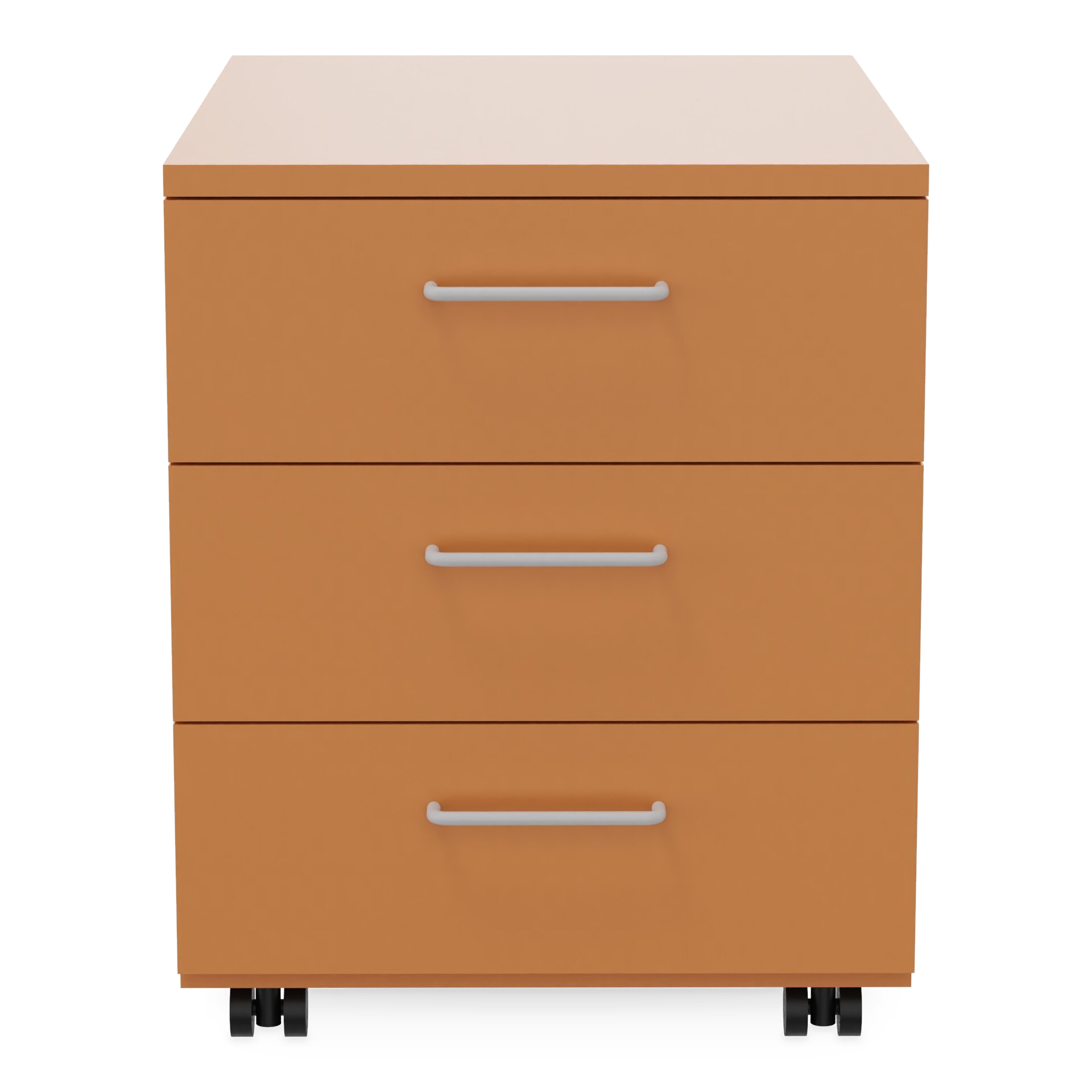 Ein moderner Rollcontainer in warmer hellbrauner Ausführung mit drei geräumigen Schubladen mit eleganten, horizontalen silberfarbenen Metallgriffen und schwarzen Lenkrollen für einfaches Bewegen im Büro oder am Arbeitsplatz zu Hause.