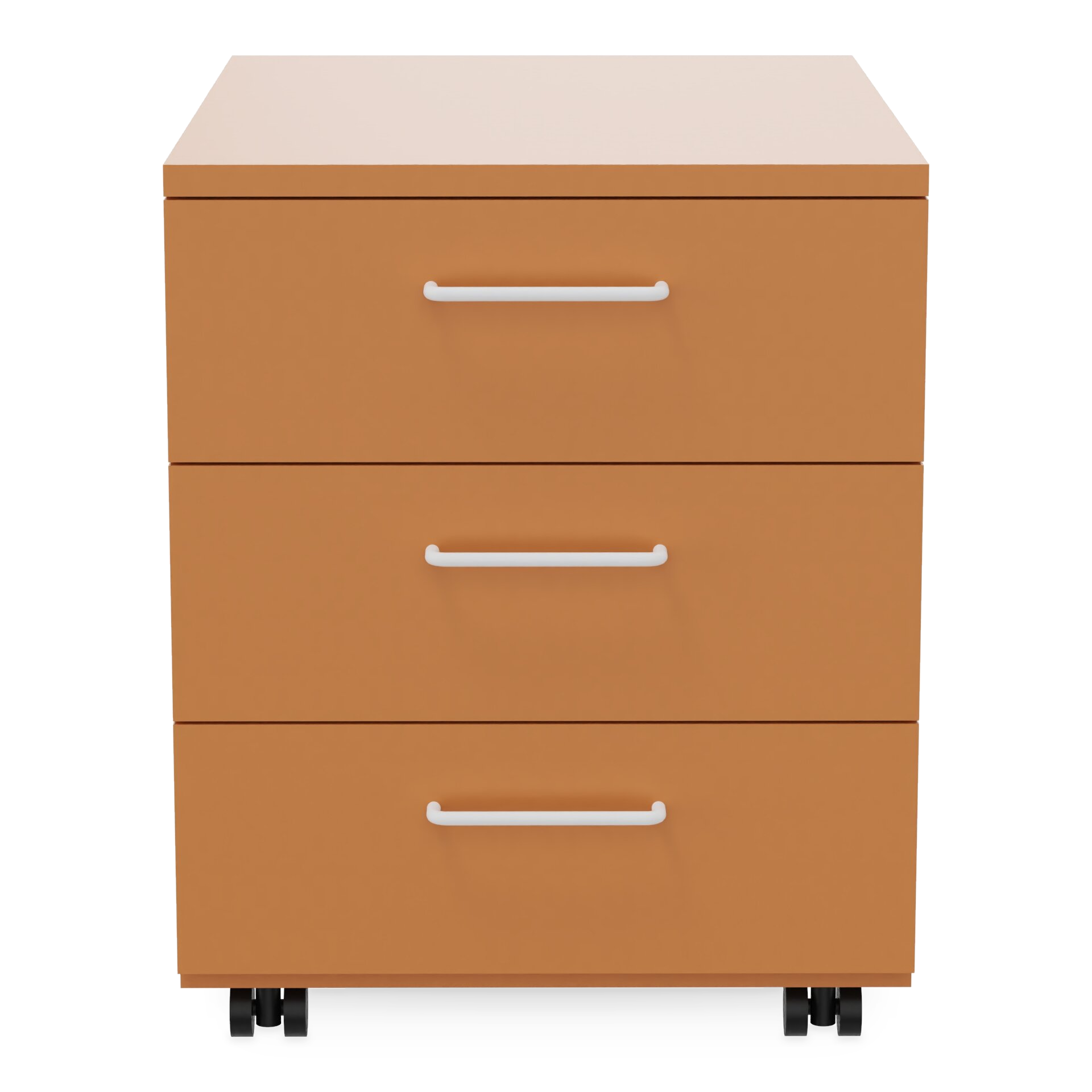 Ein moderner mobiler Unterschrank in warmer hellbrauner Ausführung mit drei geräumigen Schubladen mit eleganten weißen horizontalen Griffen, die auf leichtgängigen schwarzen Rollen stehen und so die Organisation und Aufbewahrung im Büro erleichtern.