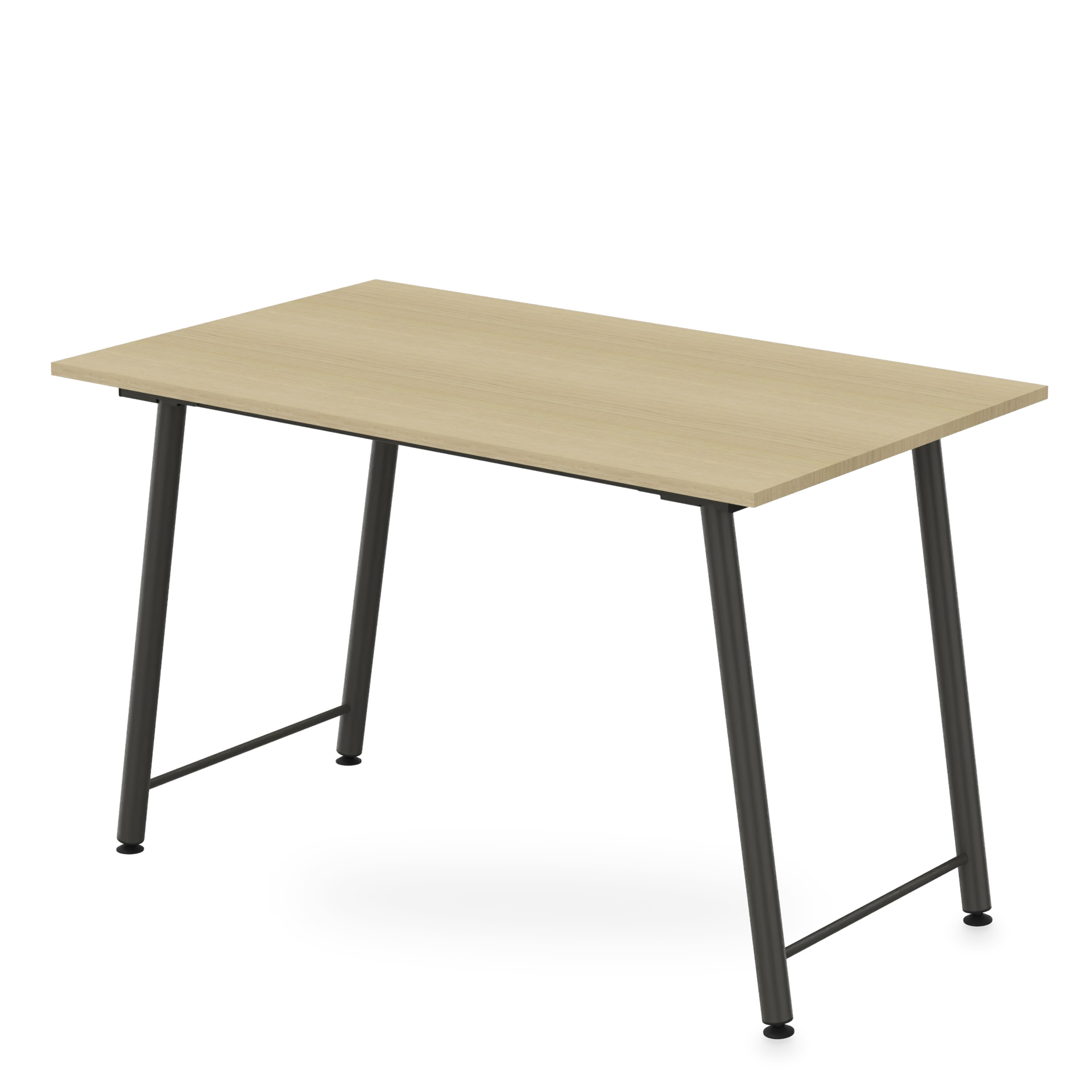 Ein moderner rechteckiger Schreibtisch mit einer Tischplatte mit heller Eichenholzmaserung und einem stabilen, dunkelgrauen Metallrahmen mit abgewinkelten Beinen und horizontalen Stützstangen vor einem schlichten Hintergrund.