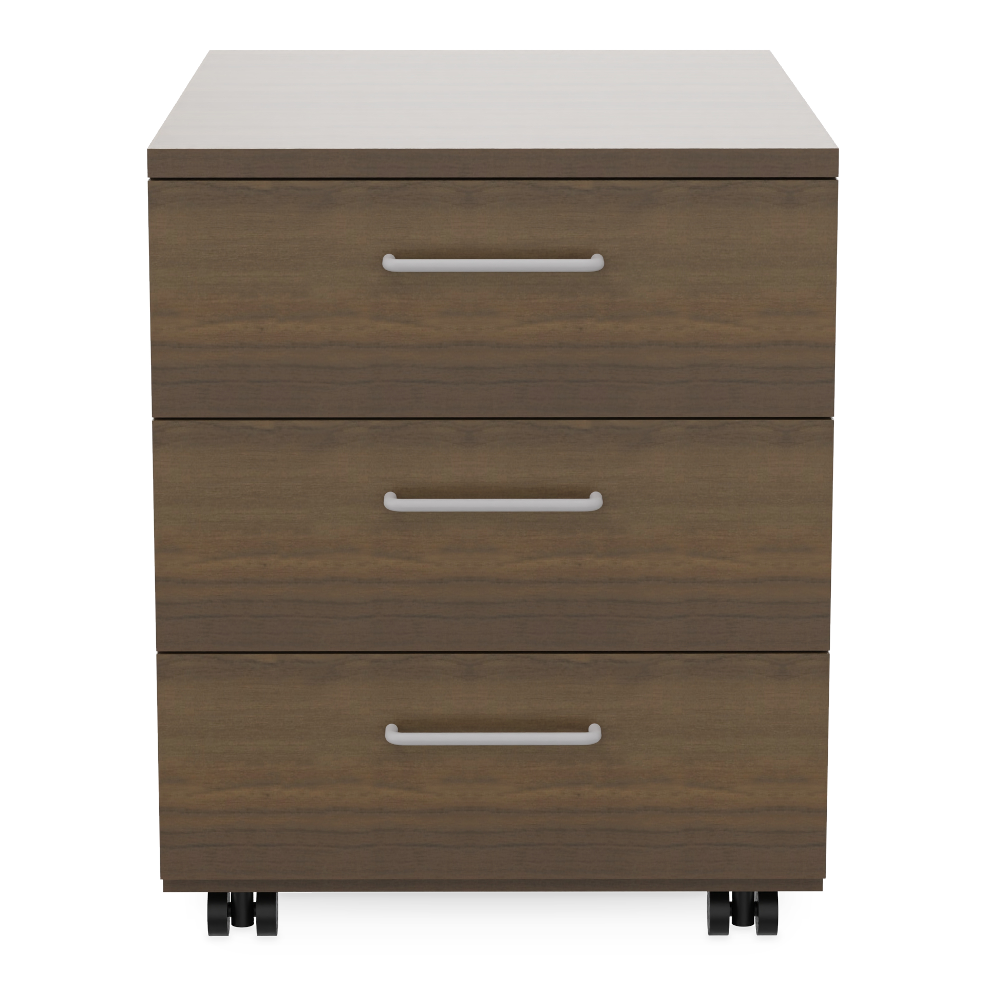 Ein moderner mobiler Sockelschrank mit drei Schubladen mit dunkler Holzmaserung und eleganten silbernen horizontalen Griffen, die auf schwarzen Rollen stehen, um eine einfache Bewegung zu ermöglichen, isoliert vor einem schlichten weißen Hintergrund.