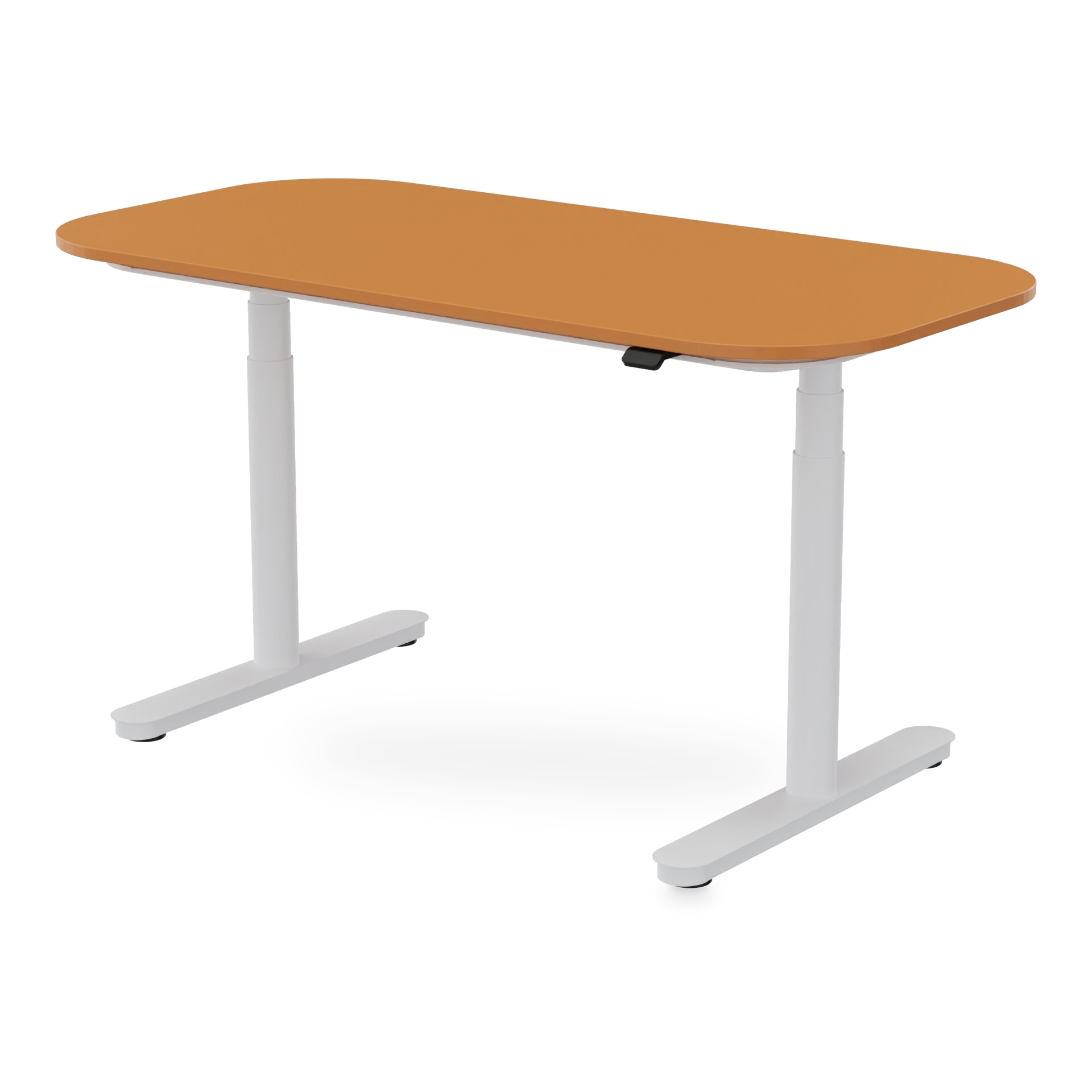 Ein moderner, höhenverstellbarer Stehschreibtisch mit einer glatten, hellbraunen Holztischplatte mit abgerundeten Ecken und einem stabilen weißen Metallrahmen mit Doppelsäulen, isoliert vor einem schlichten Hintergrund für eine klare, professionelle