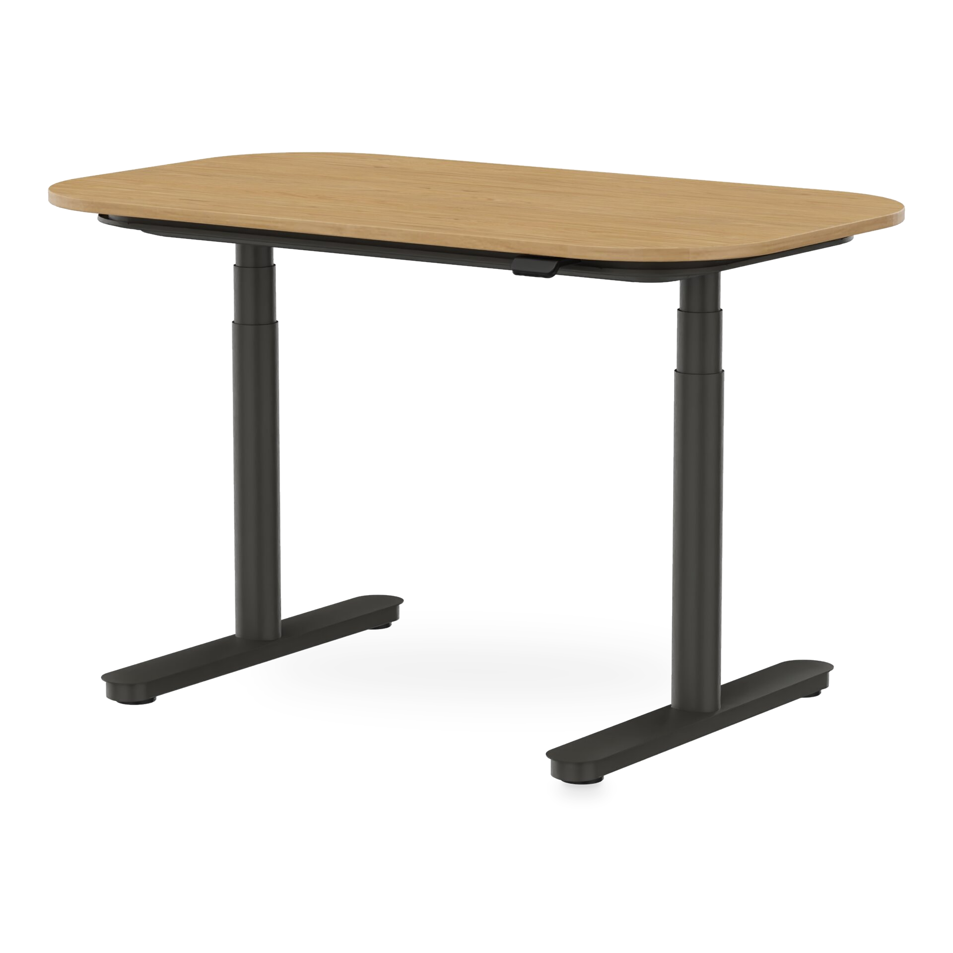 Ein moderner, höhenverstellbarer Stehschreibtisch mit einer Tischplatte mit heller Eichenholzmaserung und abgerundeten Ecken, getragen von einem stabilen schwarzen Metallrahmen mit zwei Teleskopsäulen und flachen Standfüßen, isoliert vor einem schlic