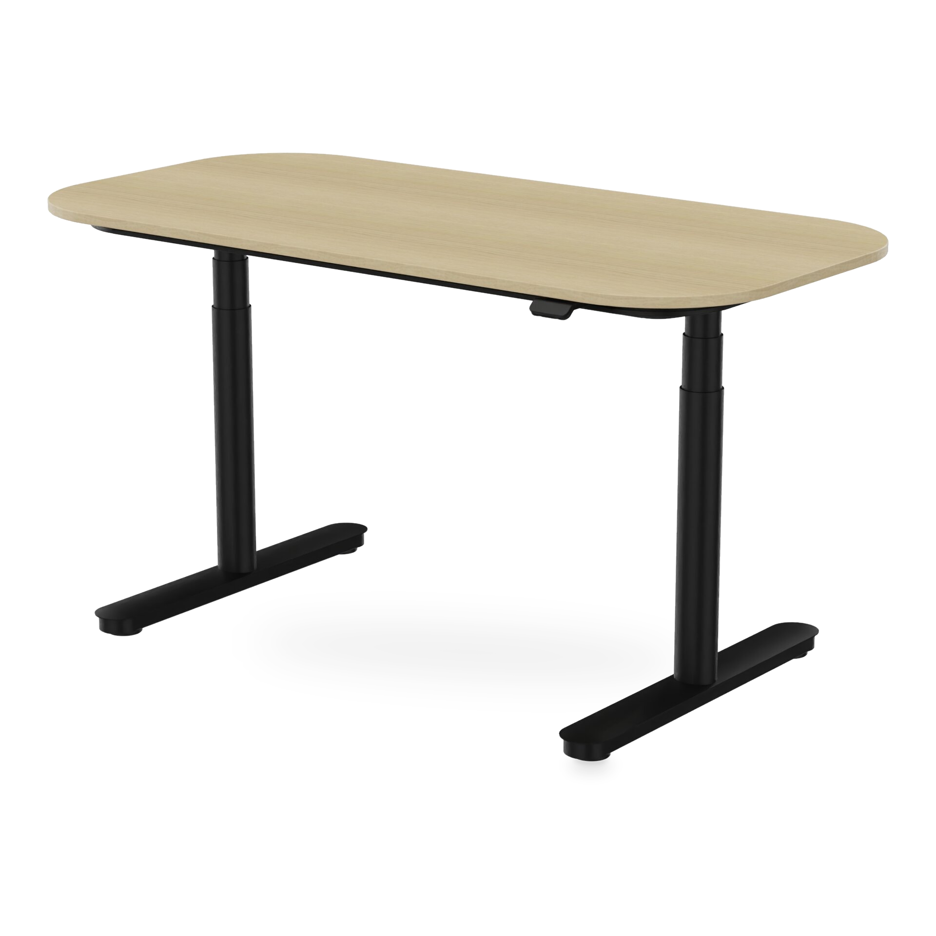 Moderner höhenverstellbarer Schreibtisch mit einer rechteckigen Platte mit heller Eichenholzmaserung und abgerundeten Ecken, getragen von einem stabilen T-Bein-Gestell aus schwarzem Metall, ideal für ergonomische Heimbüro- oder professionelle Arbeits