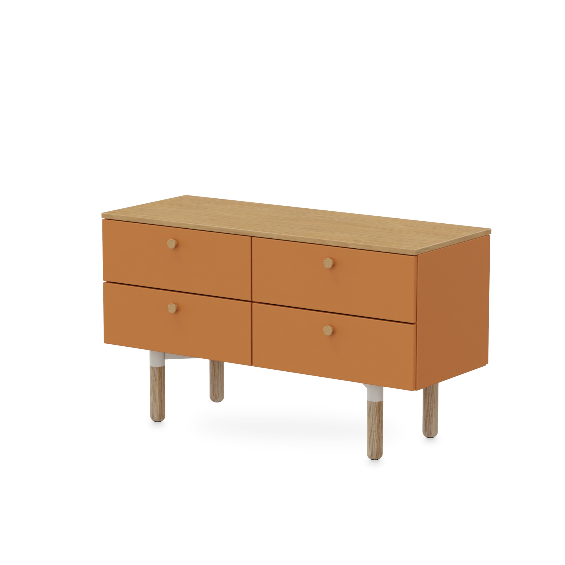 Modernes niedriges Sideboard mit vier orangefarbenen Schubladen mit minimalistischen runden Knöpfen, einer Oberfläche aus hellem Eichenholz und stabilen Holzbeinen, perfekt für die moderne Aufbewahrung im Wohnzimmer oder Schlafzimmer.