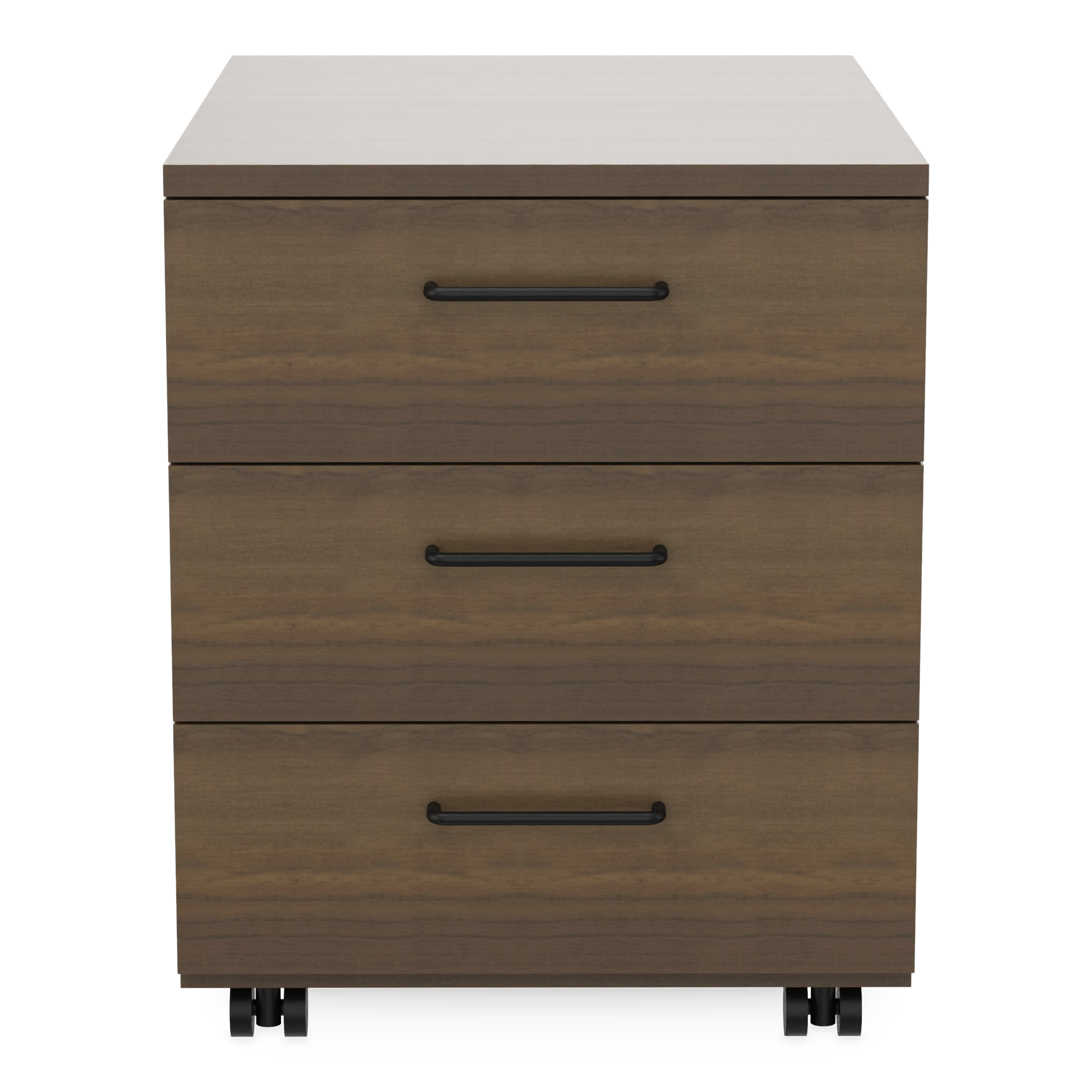 Ein moderner mobiler Sockelschrank mit drei geräumigen Schubladen mit dunkler Holzmaserung und eleganten schwarzen horizontalen Stangengriffen, die auf leichtgängigen Rollen für eine einfache Organisation und Aufbewahrung im Büro stehen.