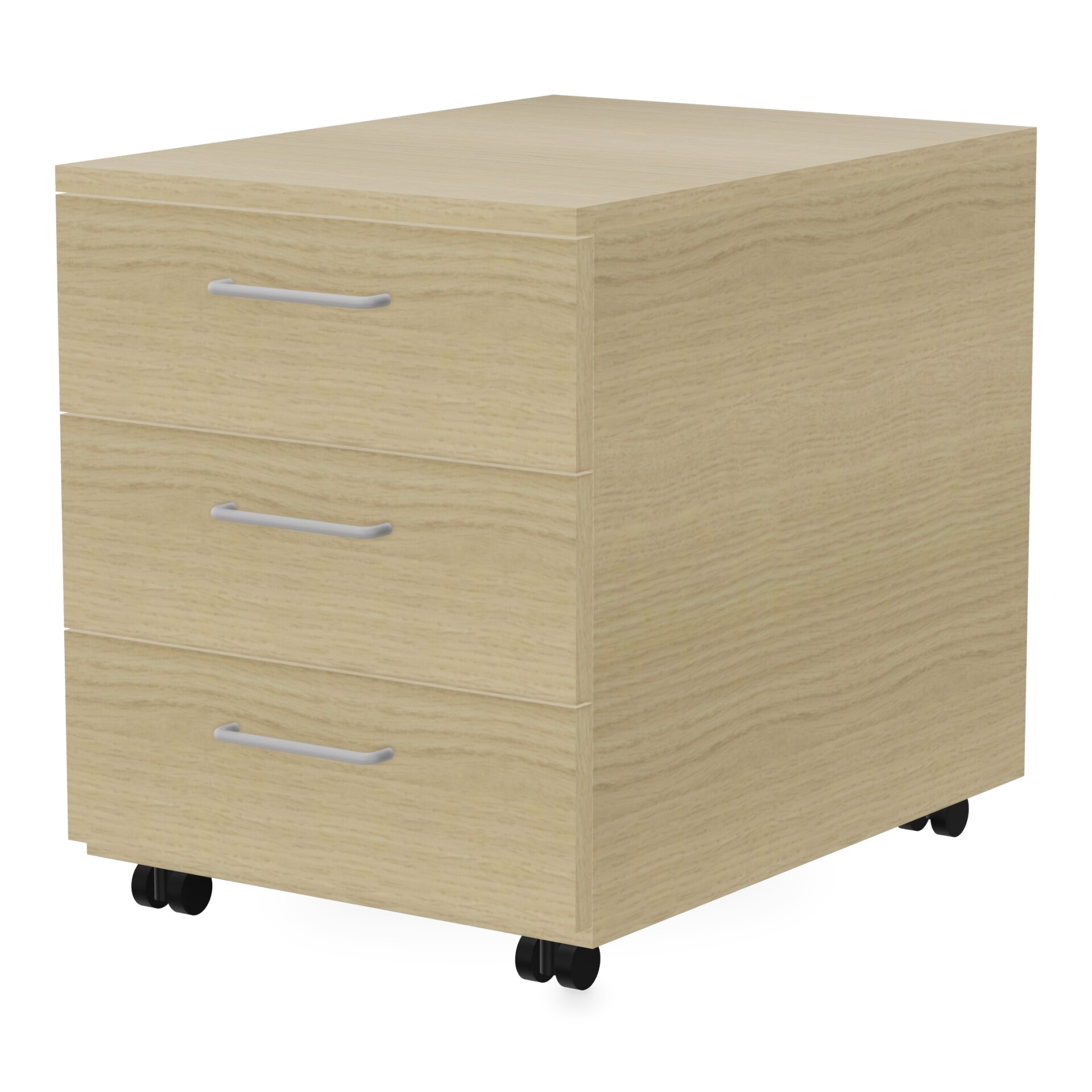 Ein moderner Rollcontainer mit drei Schubladen, gefertigt aus Laminat mit heller Eichenholzmaserung. Das Gerät verfügt über schlichte, silberfarbene horizontale Griffe und ist auf vier schwarzen Lenkrollen montiert, um es im Büro oder am Arbeitsplatz