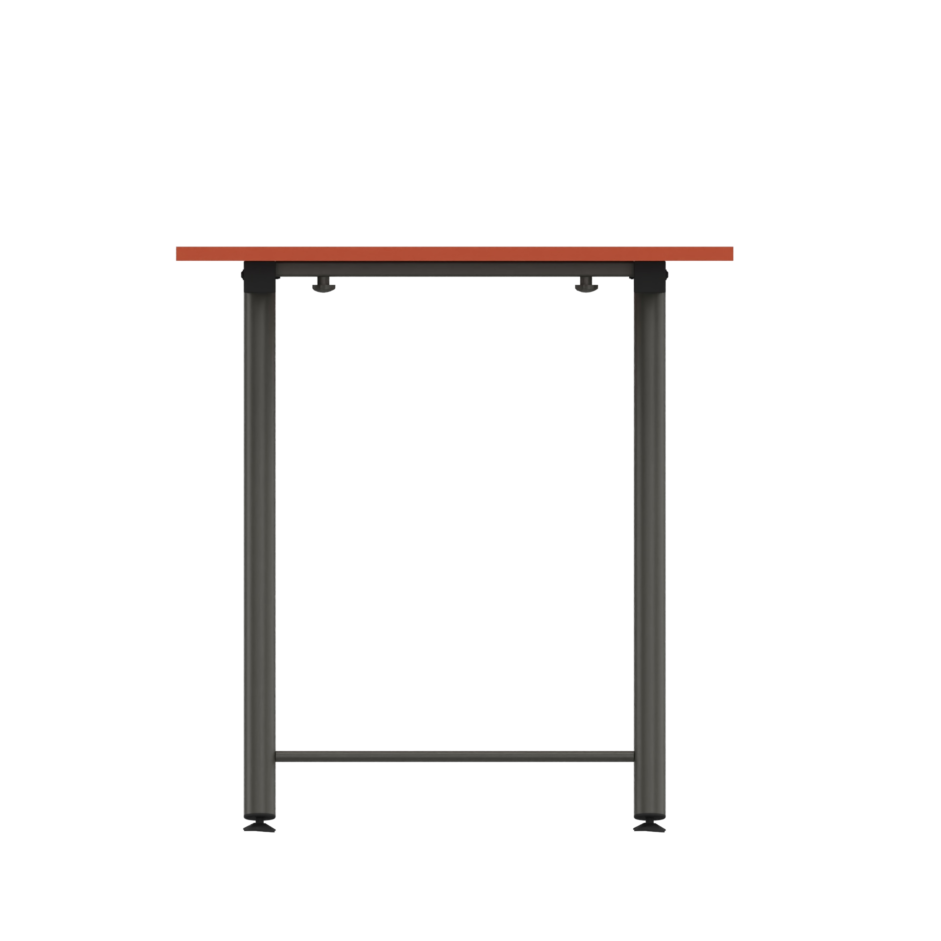 Ein minimalistischer rechteckiger Tisch mit einer glatten, rotbraunen Tischplatte, die von zwei stabilen, dunkelgrauen zylindrischen Metallbeinen getragen wird, die durch eine horizontale Stützstange verbunden sind, vor einem schlichten schwarzen Hin