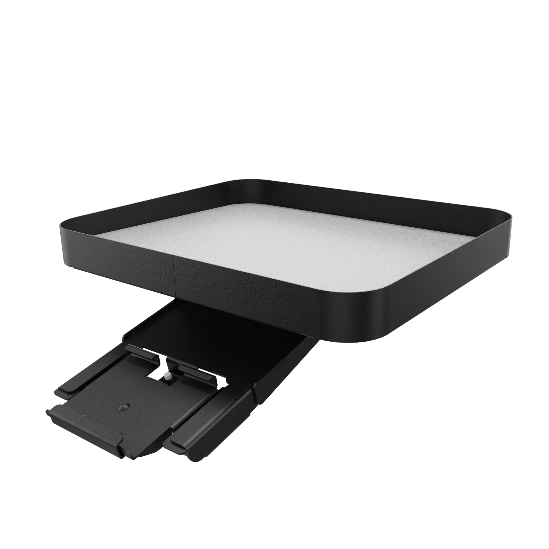 Ein modernes, minimalistisches Wandregal aus schwarzem Metall mit rechteckigem Tablettdesign und einer stabilen Montagehalterung, isoliert vor einem schwarzen Hintergrund, perfekt für die moderne Organisation und Dekoration Ihres Zuhauses.