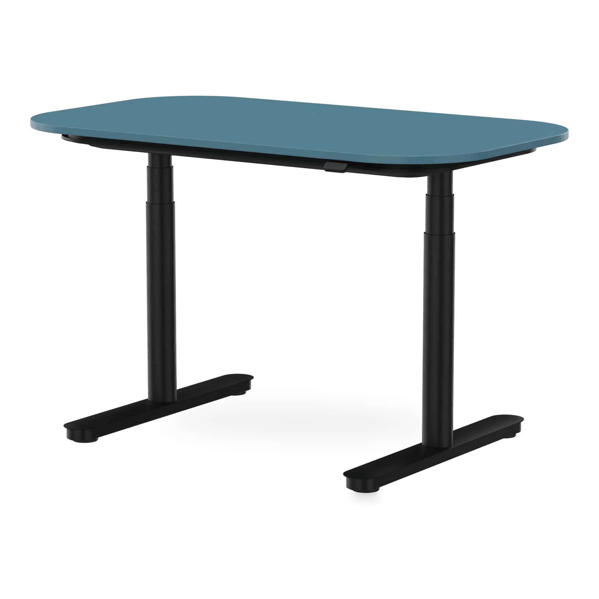 Moderner höhenverstellbarer Schreibtisch mit einer glatten, blaugrünen Tischplatte mit abgerundeten Ecken und einem stabilen schwarzen Metallrahmen mit Doppelsäulen, entworfen für den ergonomischen Einsatz im Büro oder am Heimarbeitsplatz vor einem s