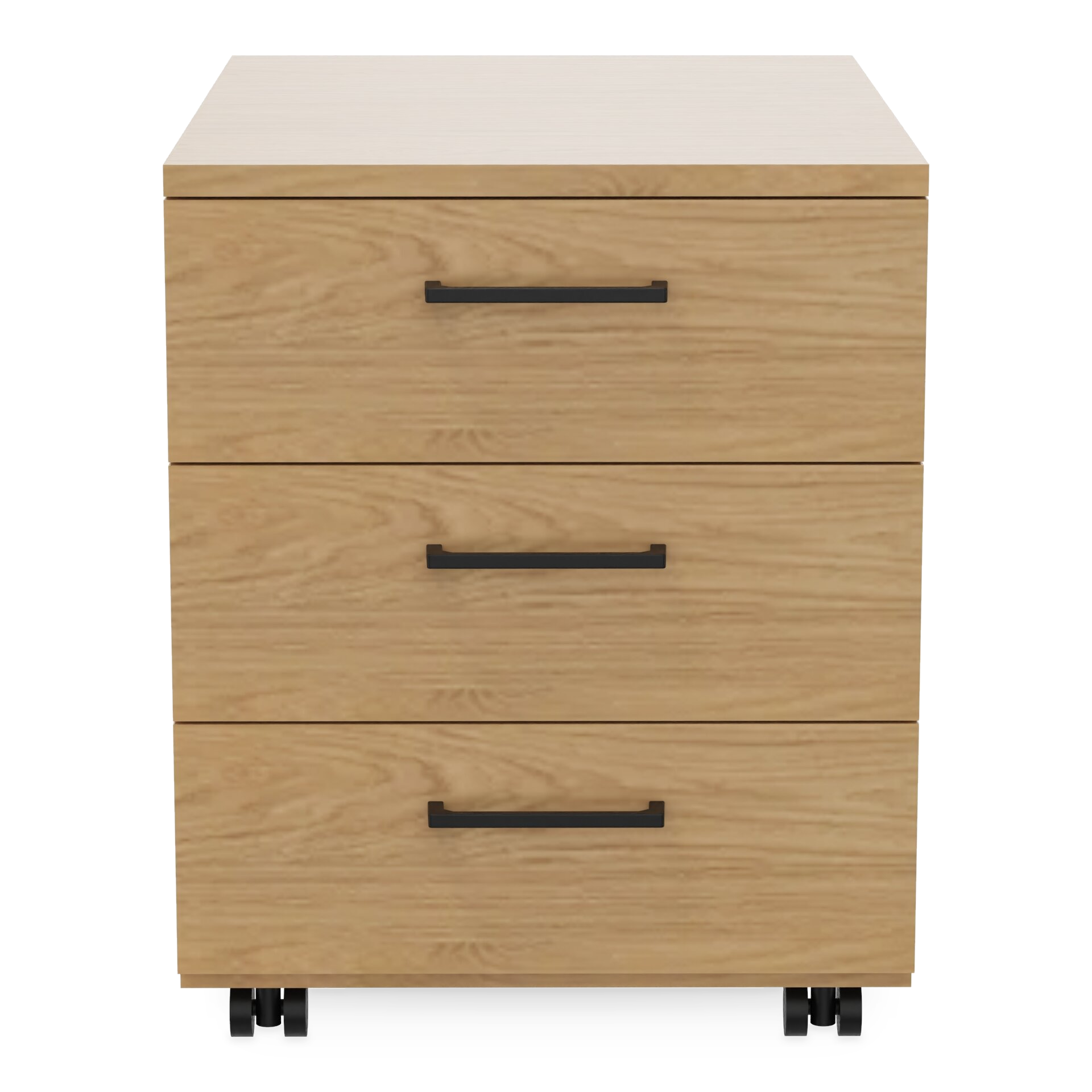 Ein moderner, mobiler Unterschrank mit heller Eichenholzmaserung, drei geräumigen Schubladen mit eleganten schwarzen horizontalen Griffen und stabilen schwarzen Rollen für einfache Bewegung, perfekt für die organisierte Aufbewahrung im Büro.
