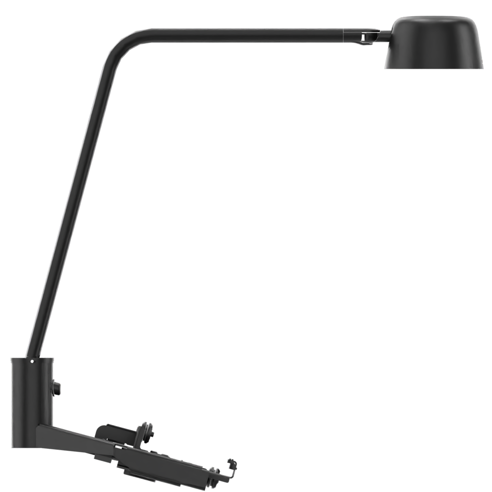 Eine minimalistische, mattschwarze Schreibtischlampe mit einem schlanken, verstellbaren Arm und einem kuppelförmigen Kopf, die mit einem stabilen Klemmmechanismus an einer Tischkante montiert werden kann und sich perfekt für moderne Büro- oder Arbeit